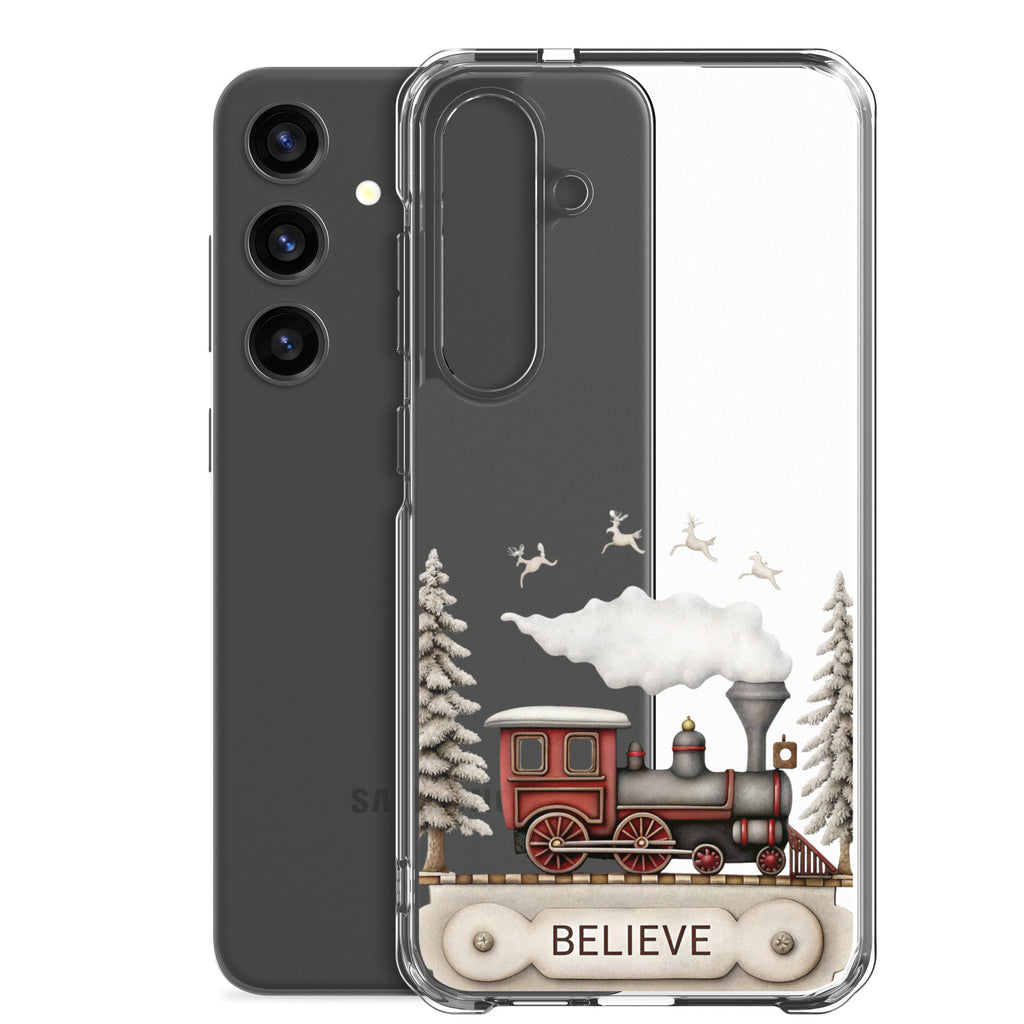 Believe Winter Train Clear Case for Samsung Galaxy S24 Plus – Minimal Christmas Protective Cover