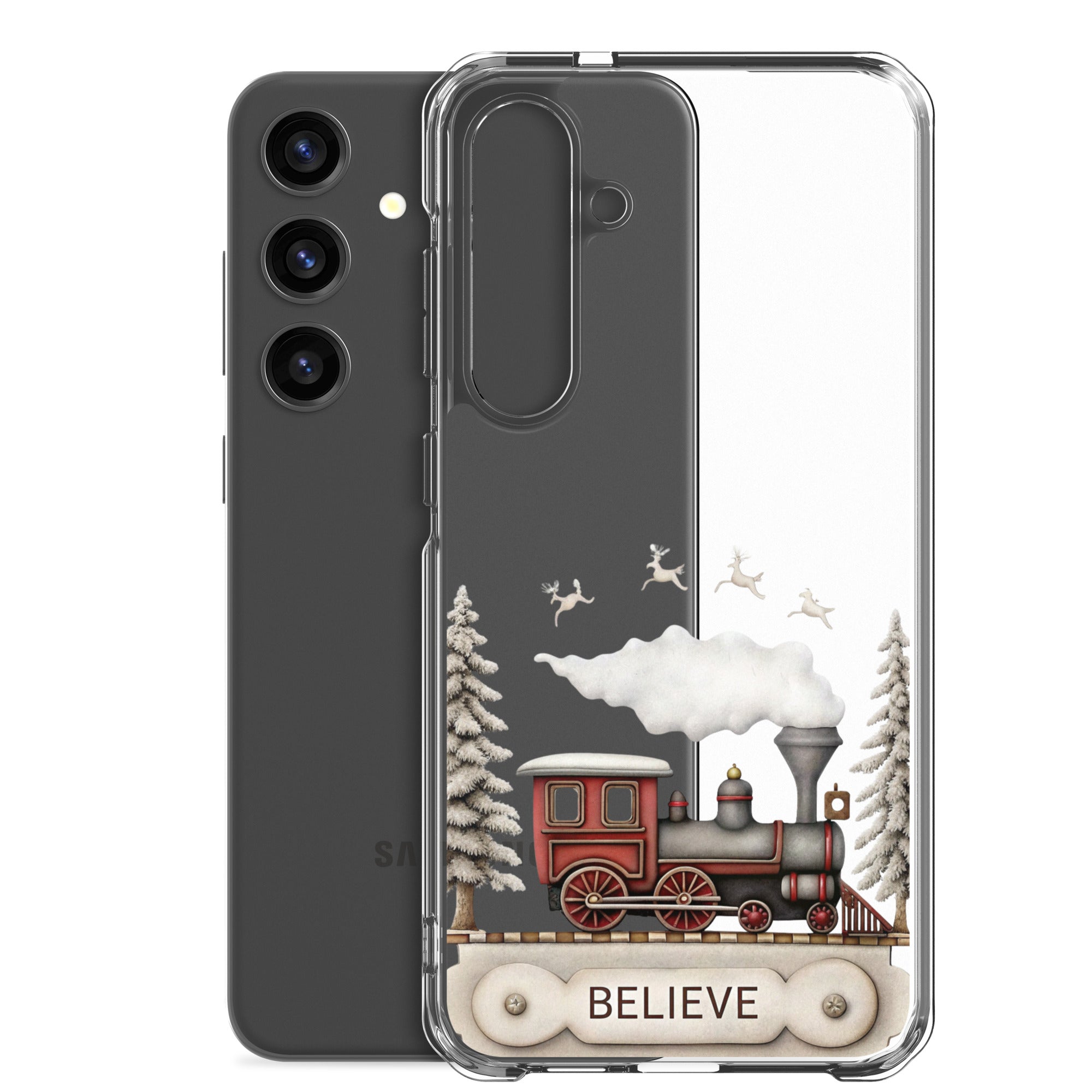 Believe Winter Train Clear Case for Samsung Galaxy S24 Plus – Minimal Christmas Protective Cover