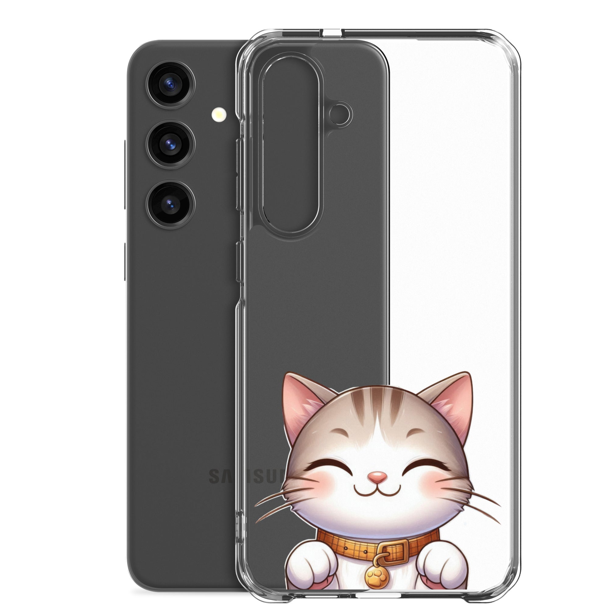 Cute Smiling Cat Clear Case for Samsung Galaxy S24 Plus – Minimal Kawaii Protective Cover