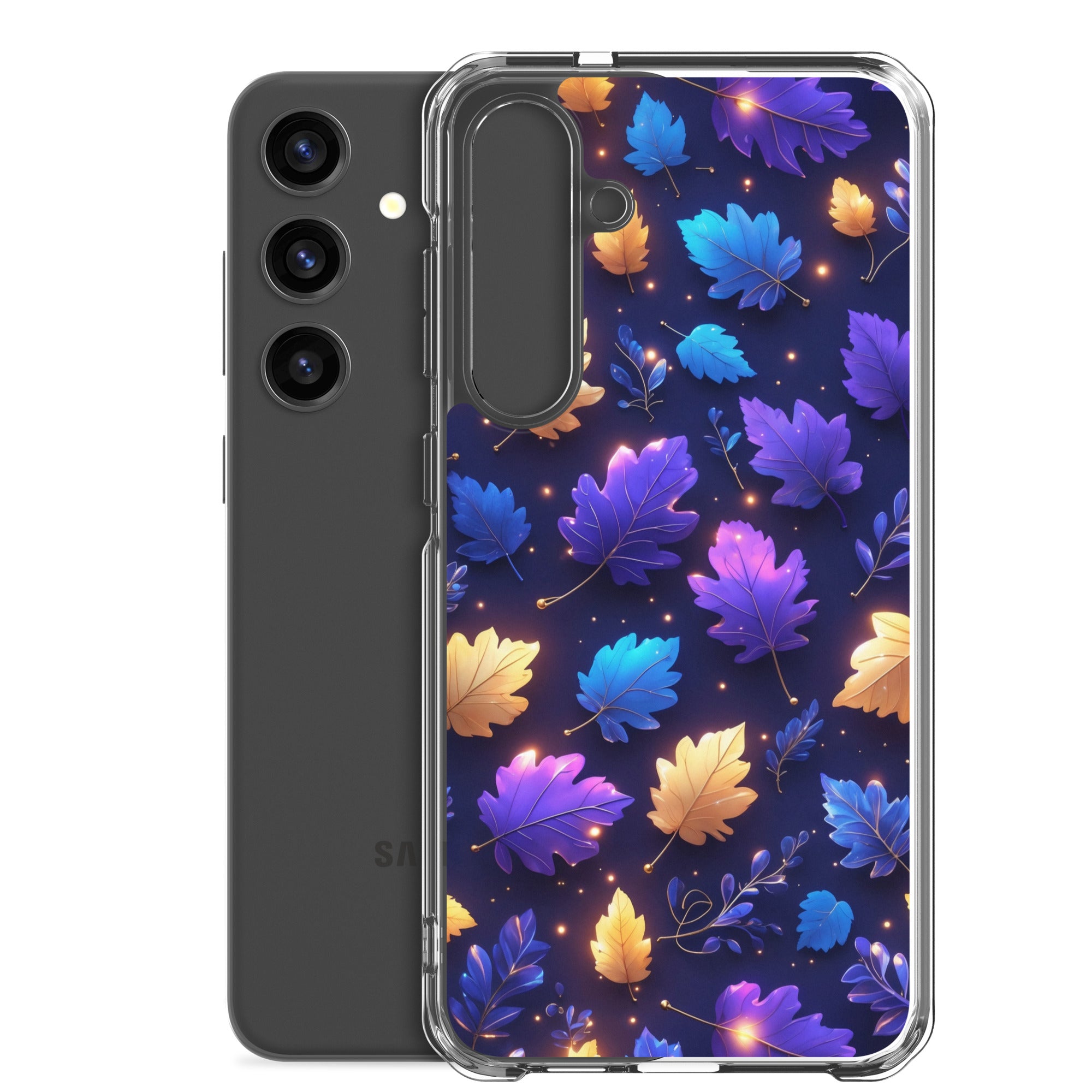 Glowing Autumn Leaves Clear Case for Samsung Galaxy S24 Plus – Colorful Night Nature Protective Cover