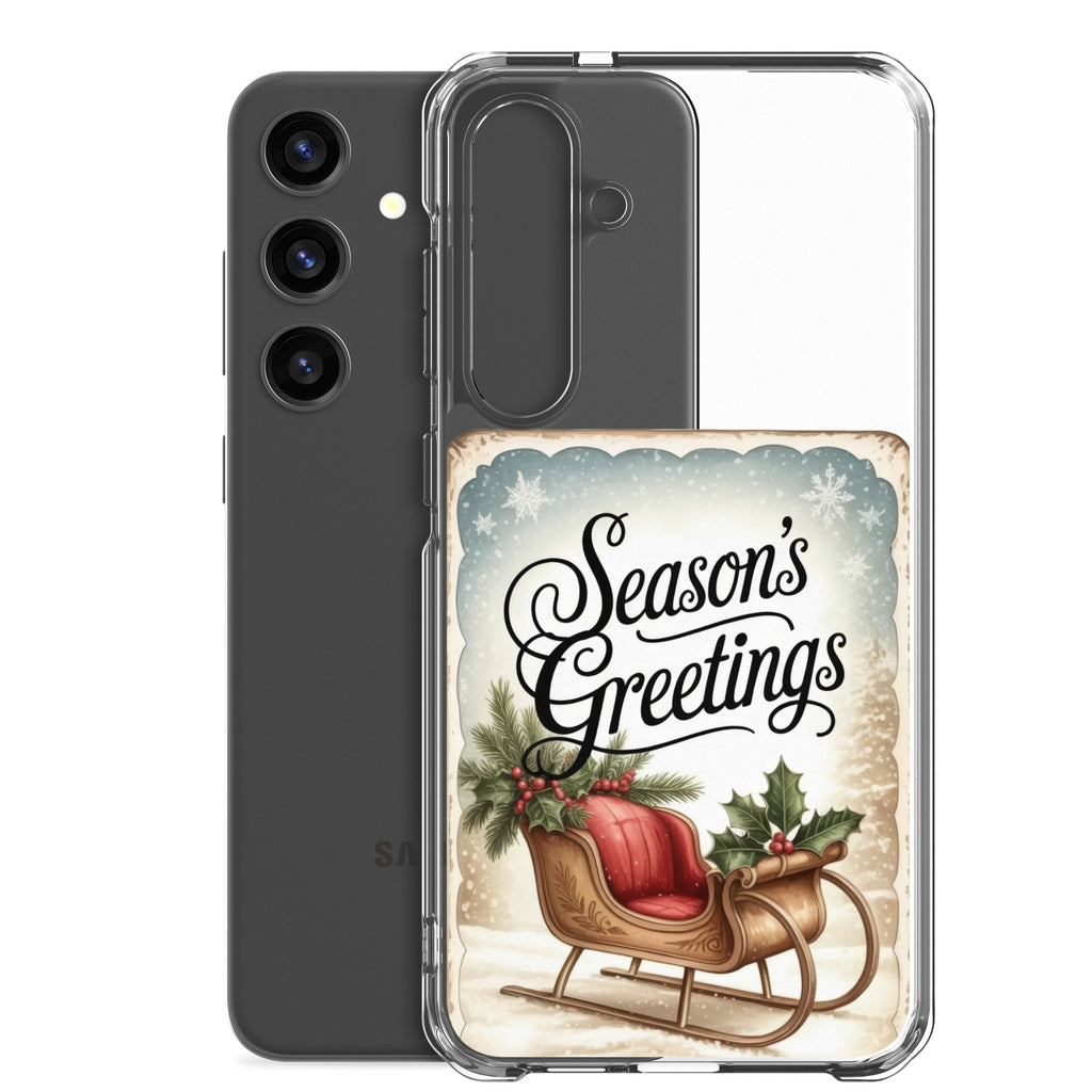 Season’s Greetings Sleigh Clear Case for Samsung Galaxy S24 Plus – Vintage Christmas Protective Cover