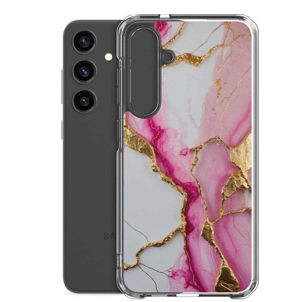 Pink Marble Gold Veins Clear Case for Samsung Galaxy S24 Plus – Elegant Stone Protective Cover