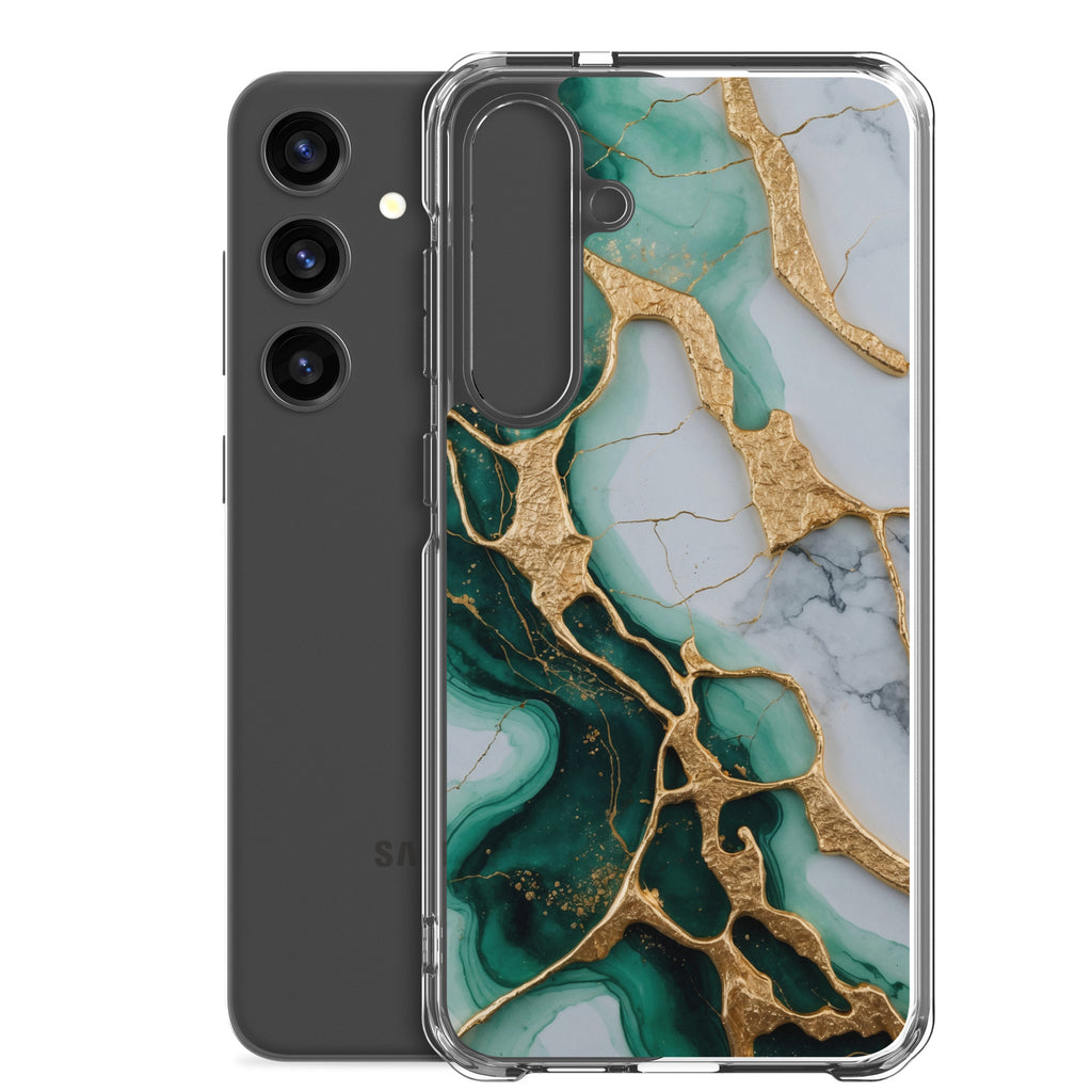 Emerald Green Marble Gold Veins Clear Case for Samsung Galaxy S24 Plus – Luxury Stone Protective Cover