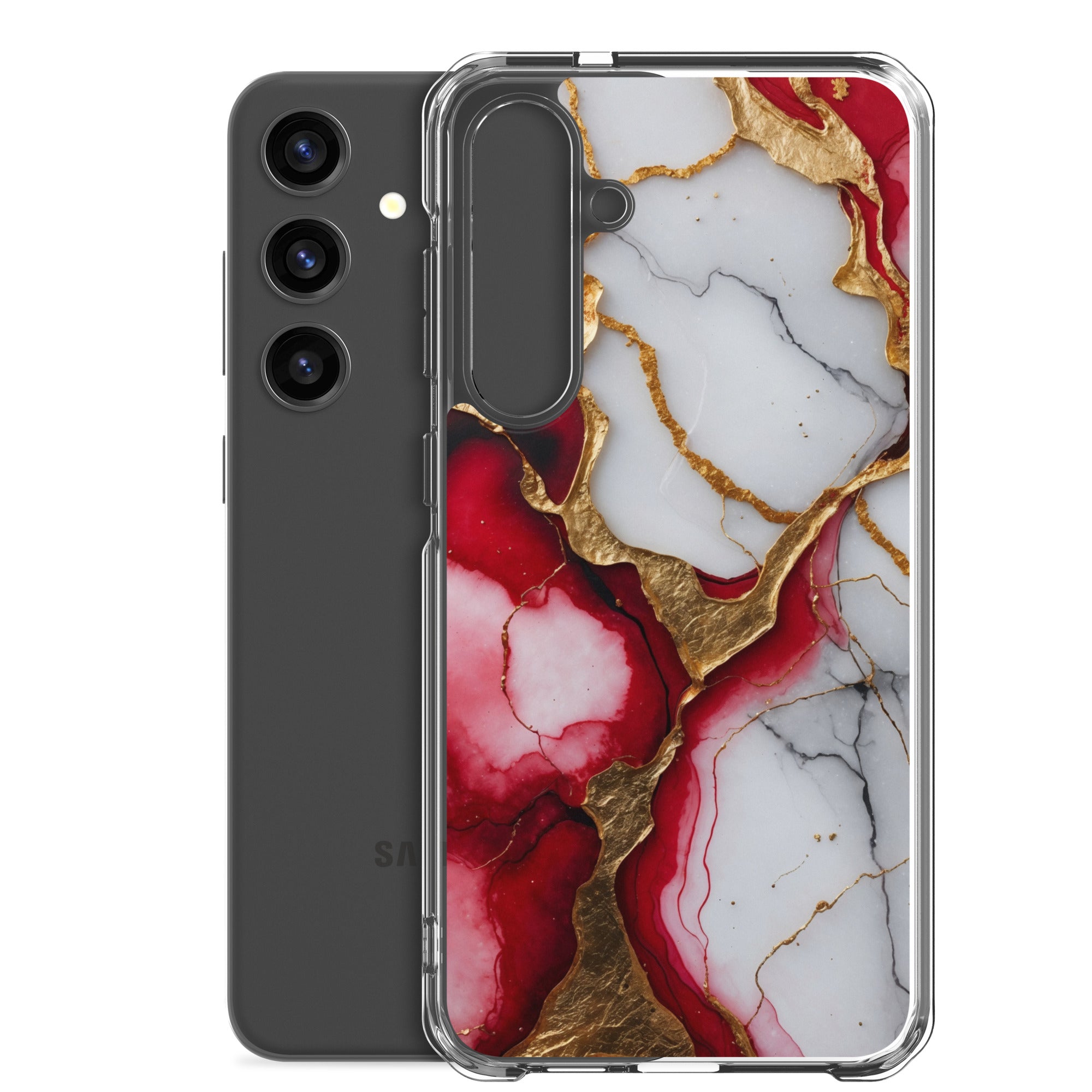 Red Marble Gold Veins Clear Case for Samsung Galaxy S24 Plus – Luxury Abstract Protective Cover