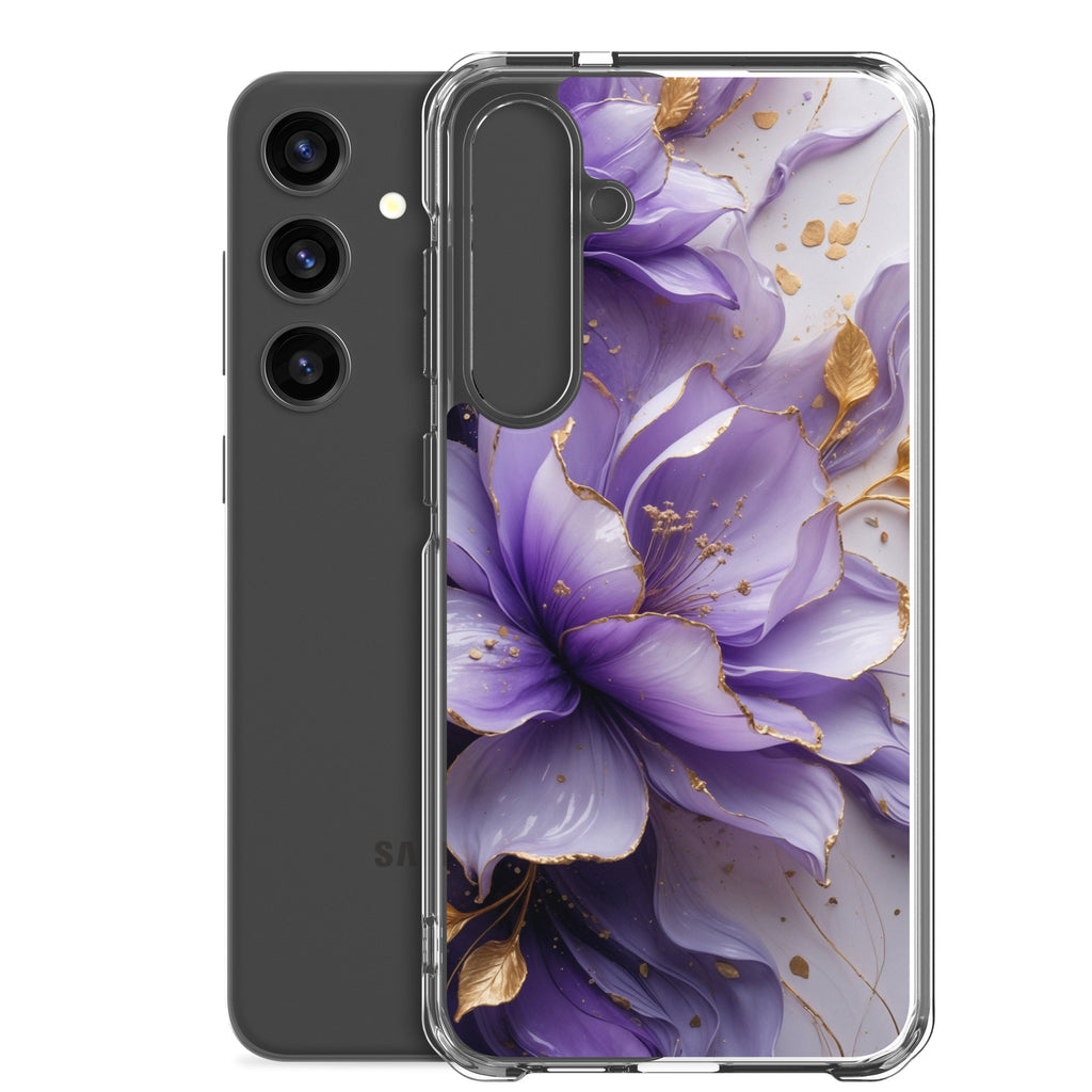 Purple Floral Gold Clear Case for Samsung Galaxy S24 Plus – Elegant Flower Protective Cover