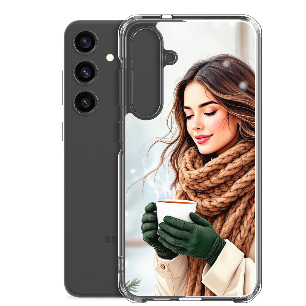 Winter Coffee Moment Clear Case for Samsung Galaxy S24 Plus – Cozy Portrait Protective Cover