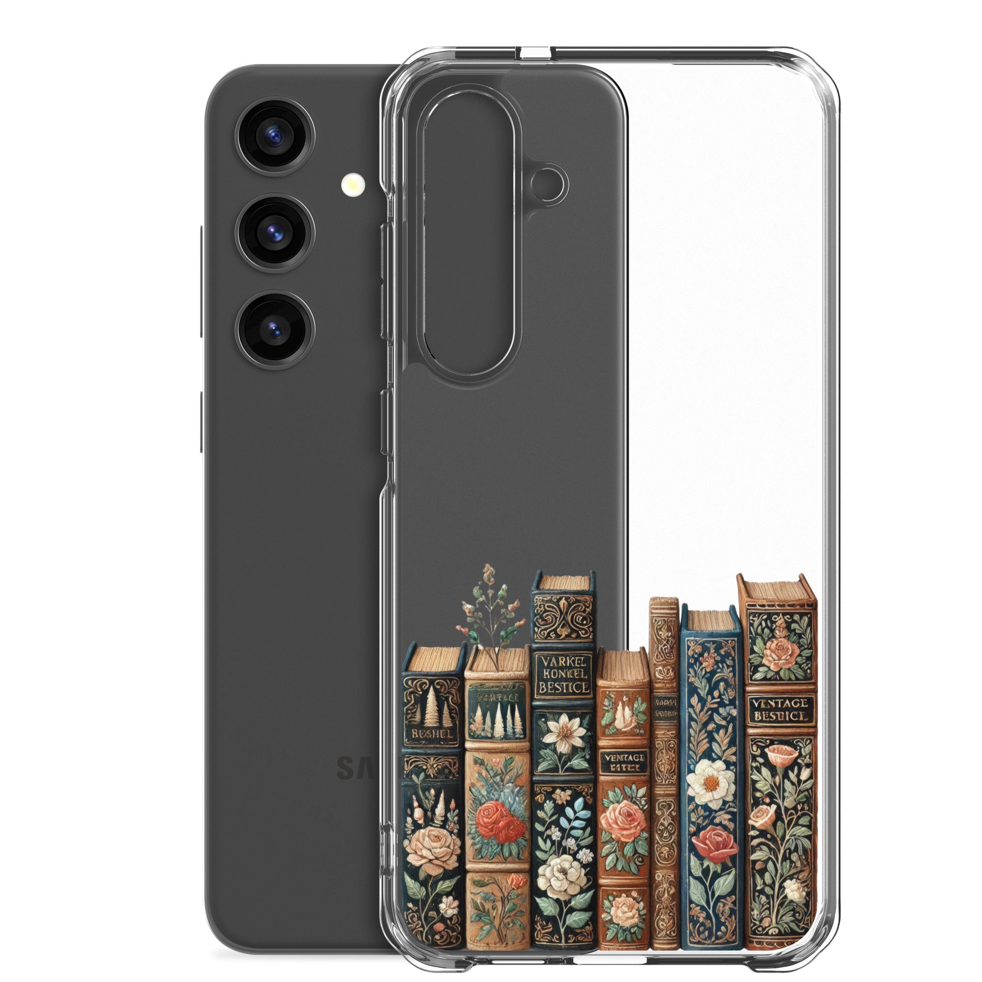 Vintage Floral Books Clear Case for Samsung Galaxy S24 Plus – Elegant Library-Inspired Protective Cover