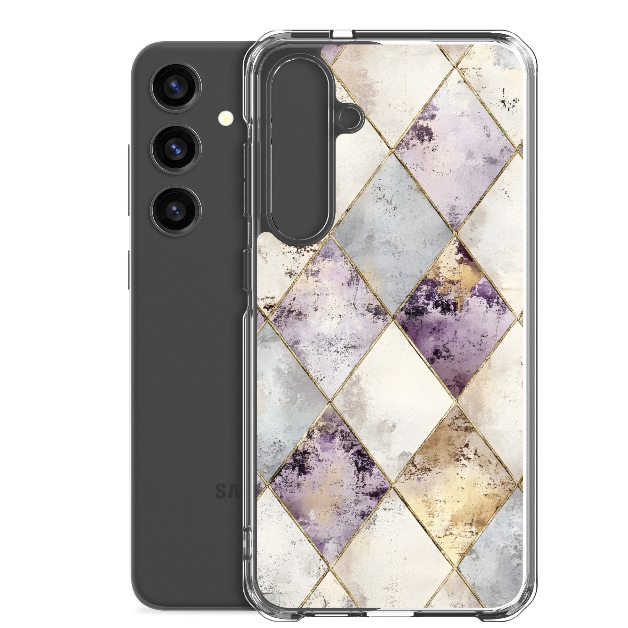 Golden Harlequin Damask Clear Case for Samsung Galaxy S24 Plus – Elegant Geometric Gold Pattern Protective Cover