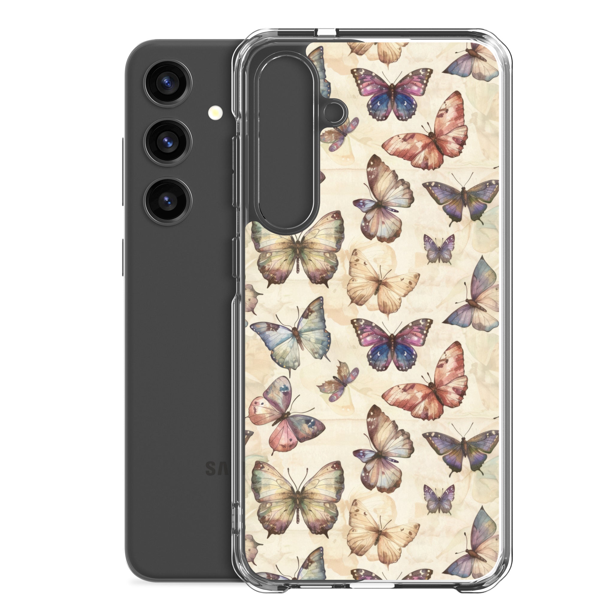 Vintage Butterfly Pattern Clear Case for Samsung Galaxy S24 Plus – Soft Pastel Nature Protective Cover