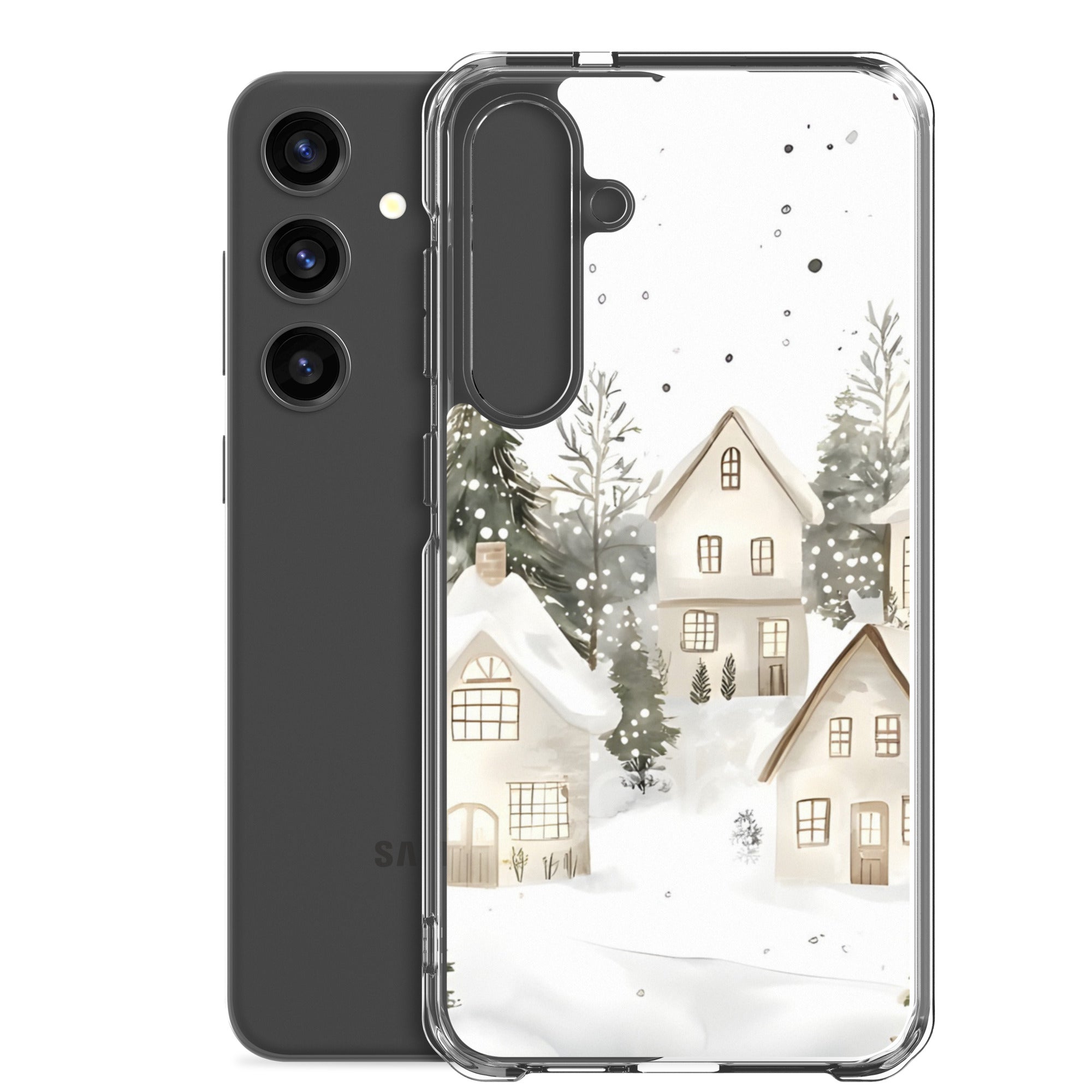Snowy Winter Village Clear Case for Samsung Galaxy S24 Plus – Cozy Holiday Protective Cover
