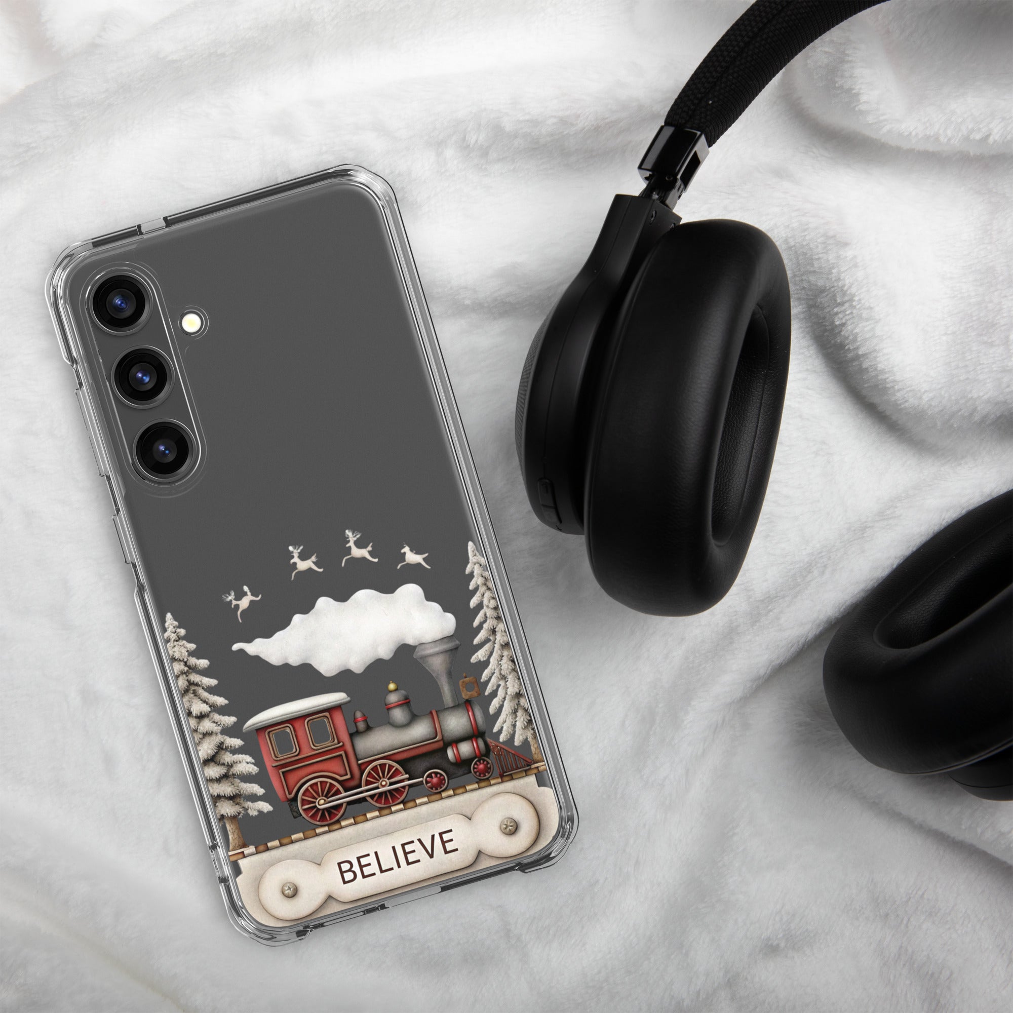 Believe Winter Train Clear Case for Samsung Galaxy S24 Plus – Minimal Christmas Protective Cover