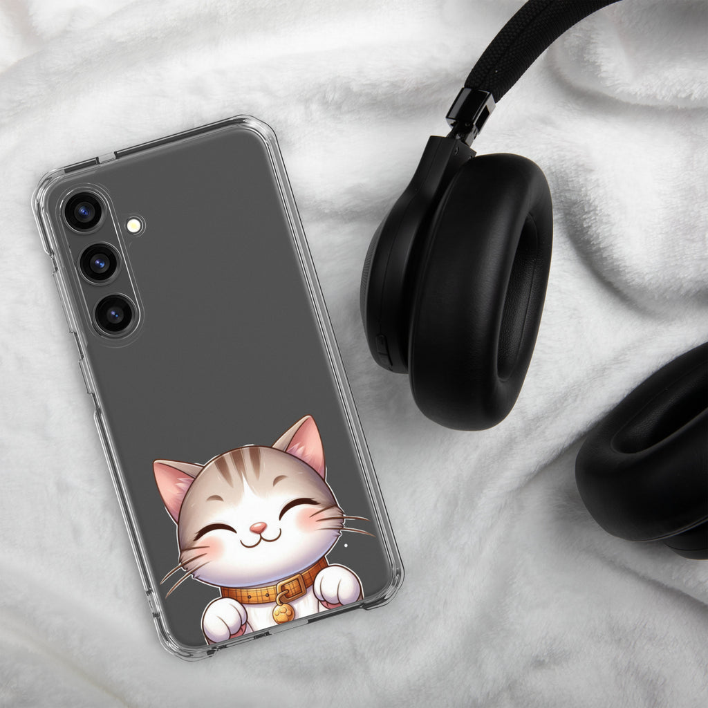 Cute Smiling Cat Clear Case for Samsung Galaxy S24 Plus – Minimal Kawaii Protective Cover