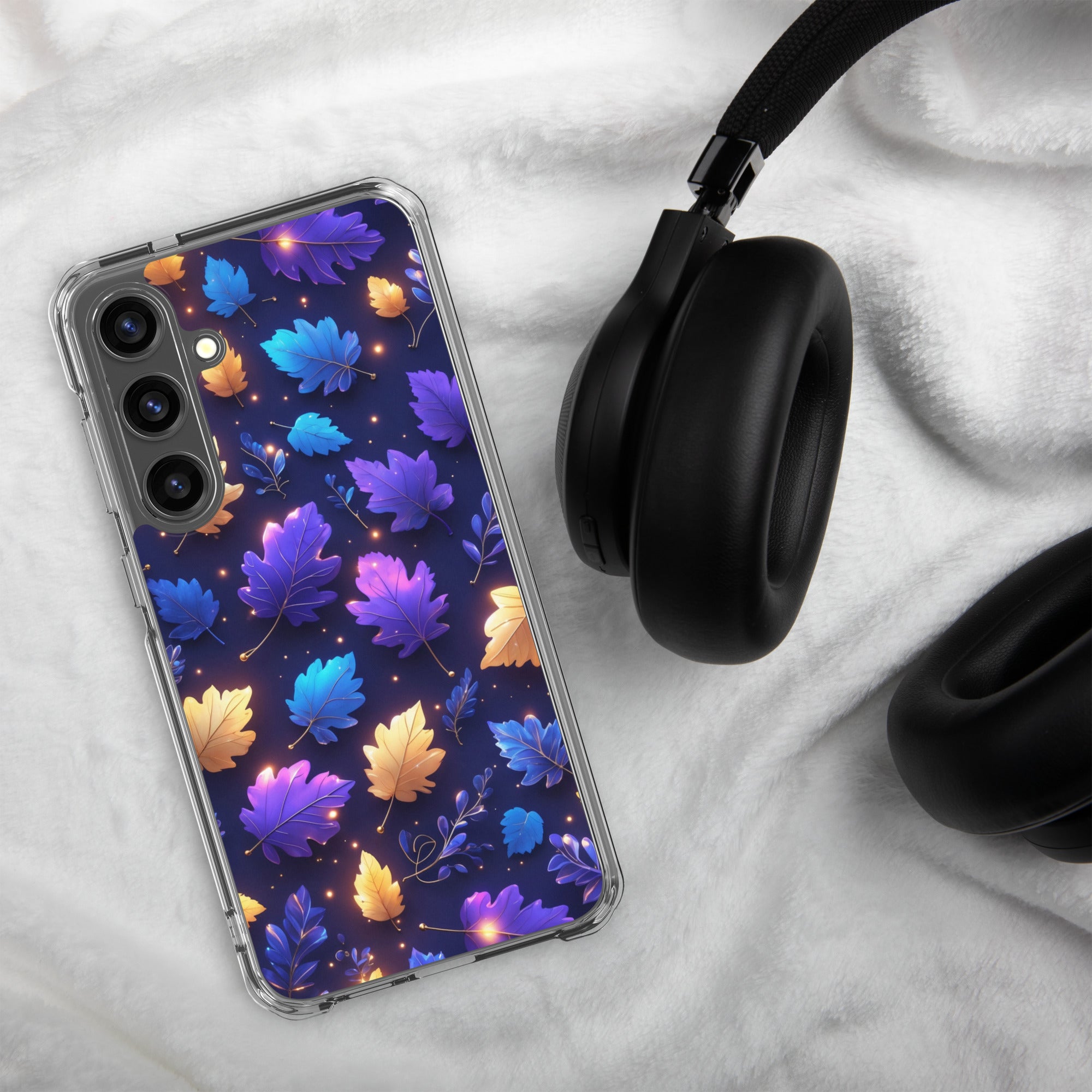 Glowing Autumn Leaves Clear Case for Samsung Galaxy S24 Plus – Colorful Night Nature Protective Cover