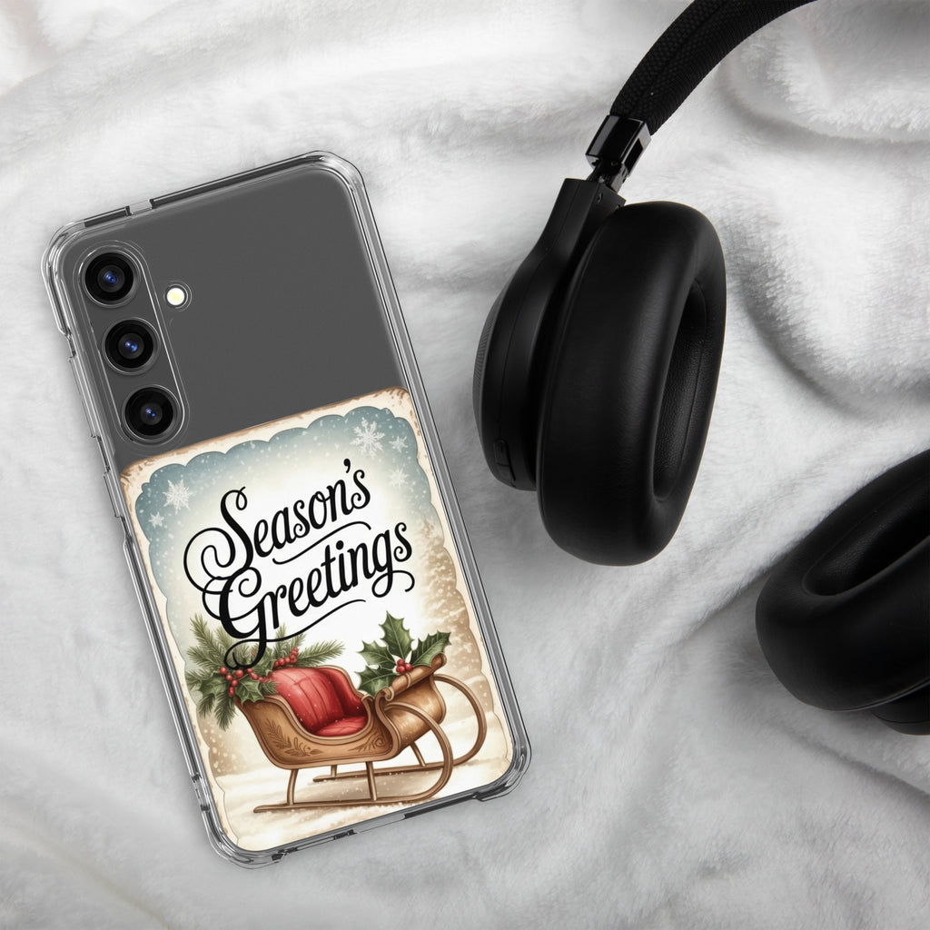 Season’s Greetings Sleigh Clear Case for Samsung Galaxy S24 Plus – Vintage Christmas Protective Cover