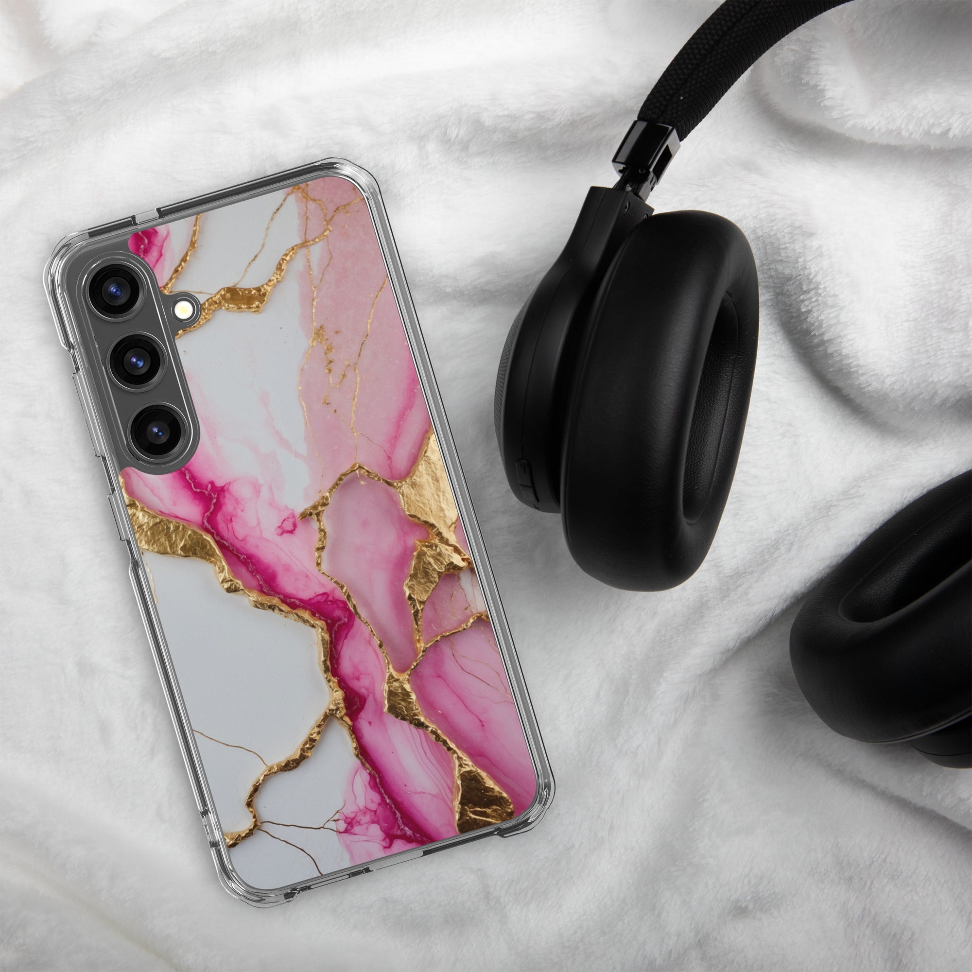 Pink Marble Gold Veins Clear Case for Samsung Galaxy S24 Plus – Elegant Stone Protective Cover
