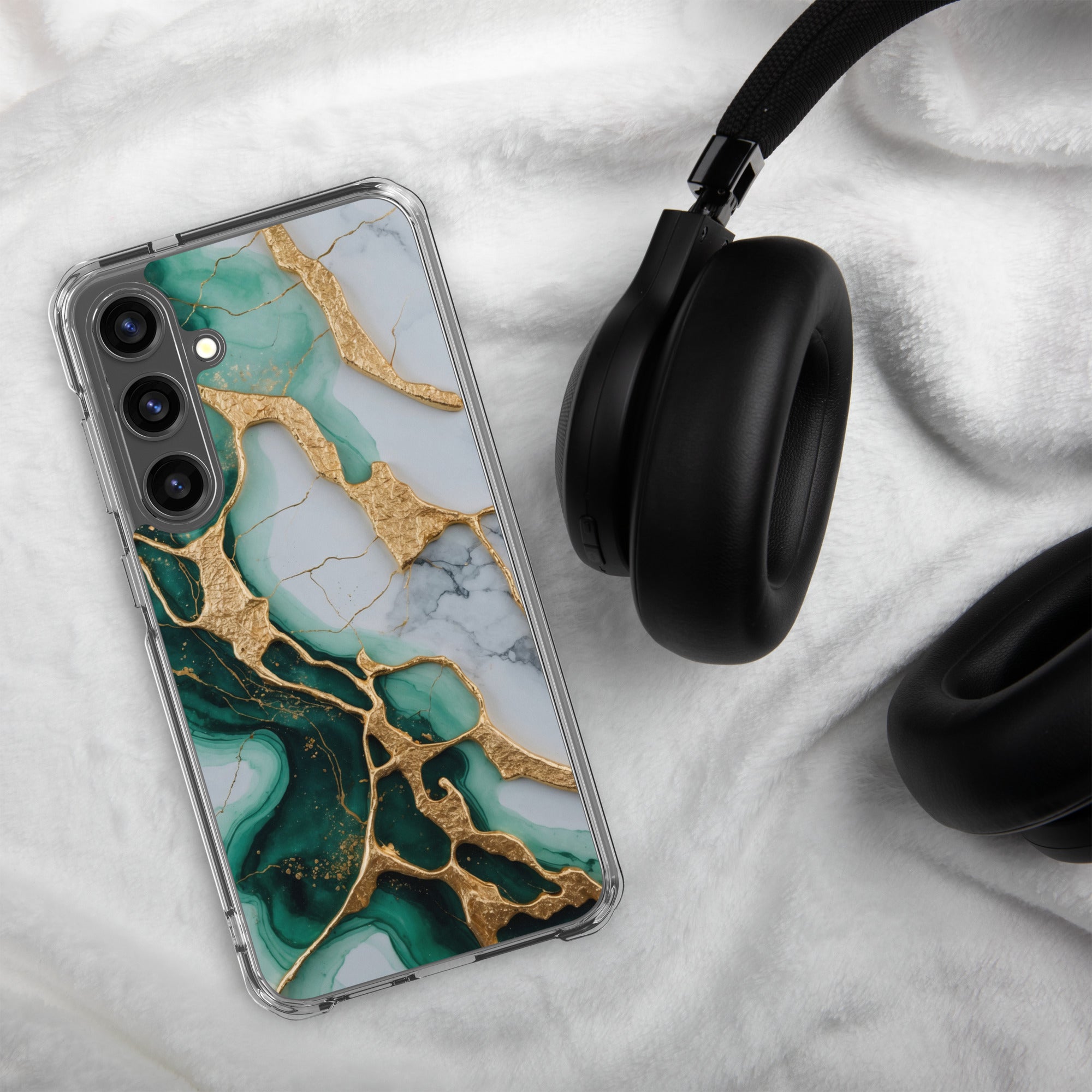 Emerald Green Marble Gold Veins Clear Case for Samsung Galaxy S24 Plus – Luxury Stone Protective Cover