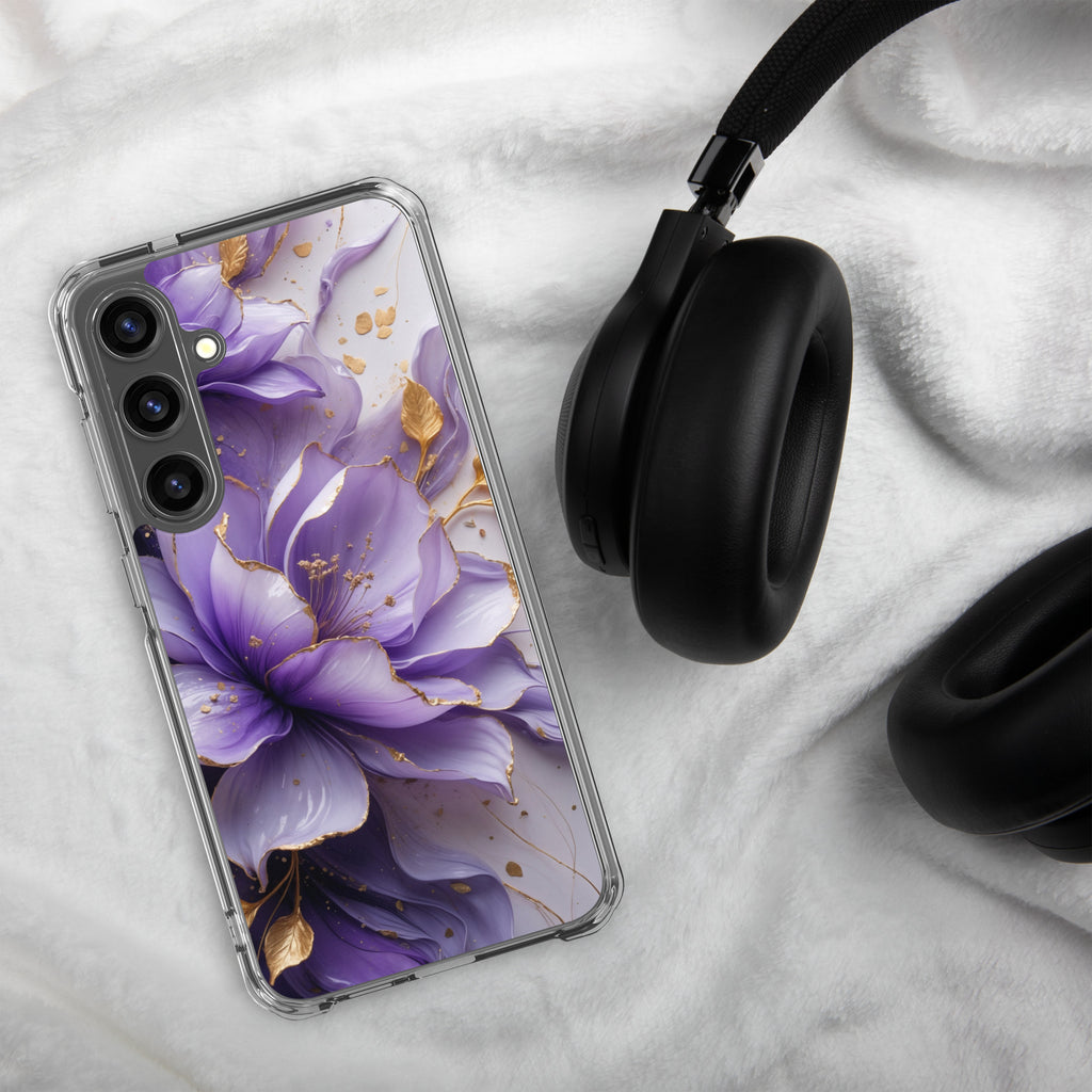 Purple Floral Gold Clear Case for Samsung Galaxy S24 Plus – Elegant Flower Protective Cover
