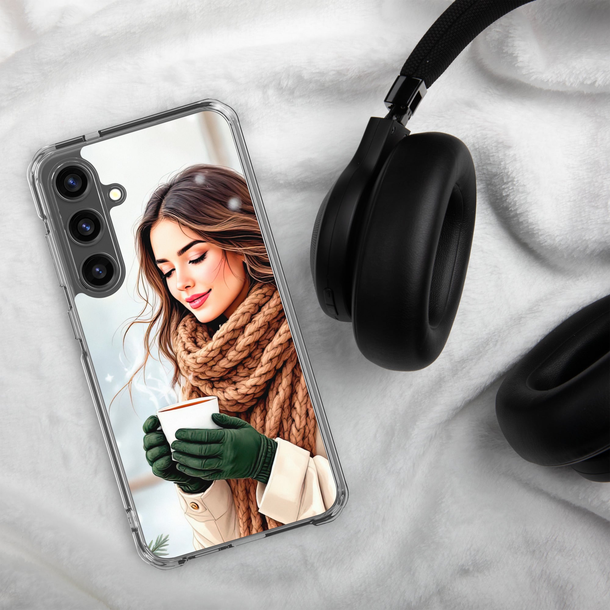 Winter Coffee Moment Clear Case for Samsung Galaxy S24 Plus – Cozy Portrait Protective Cover