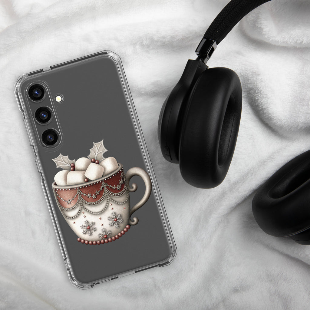Festive Winter Mug Clear Case for Samsung Galaxy S24 Plus – Cozy Holiday Hot Cocoa Protective Cover