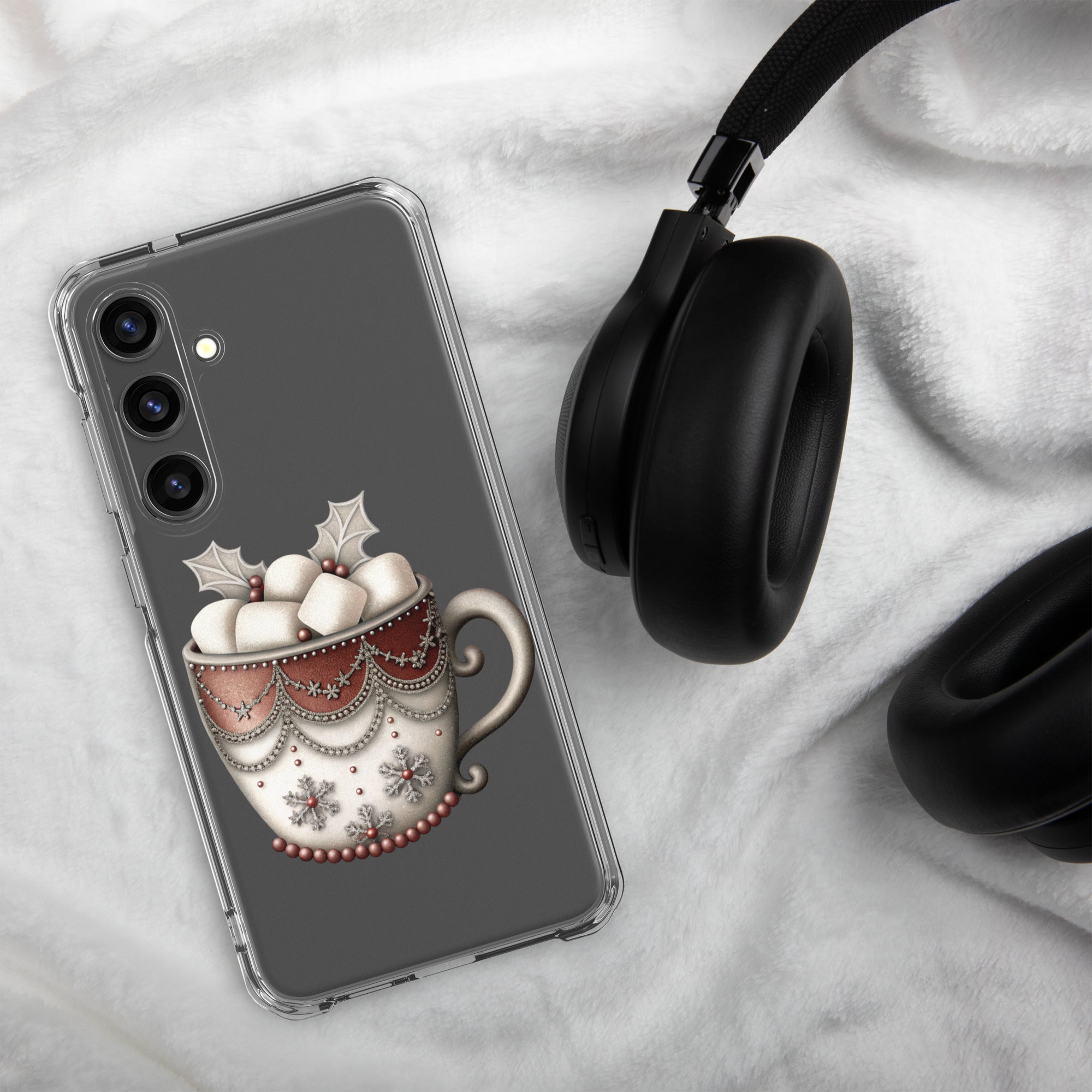 Festive Winter Mug Clear Case for Samsung Galaxy S24 Plus – Cozy Holiday Hot Cocoa Protective Cover
