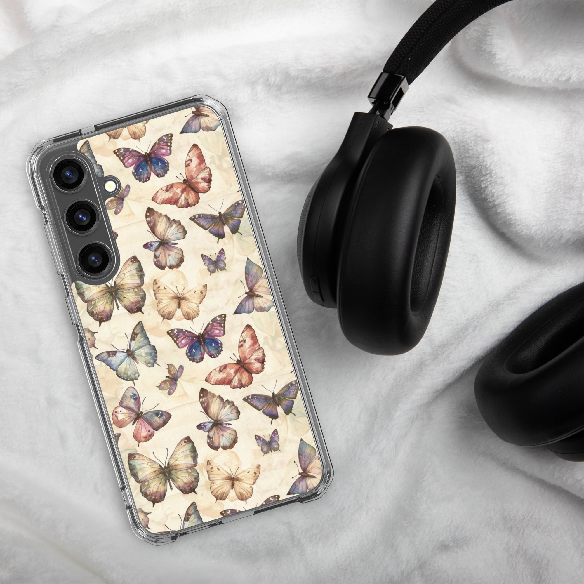 Vintage Butterfly Pattern Clear Case for Samsung Galaxy S24 Plus – Soft Pastel Nature Protective Cover