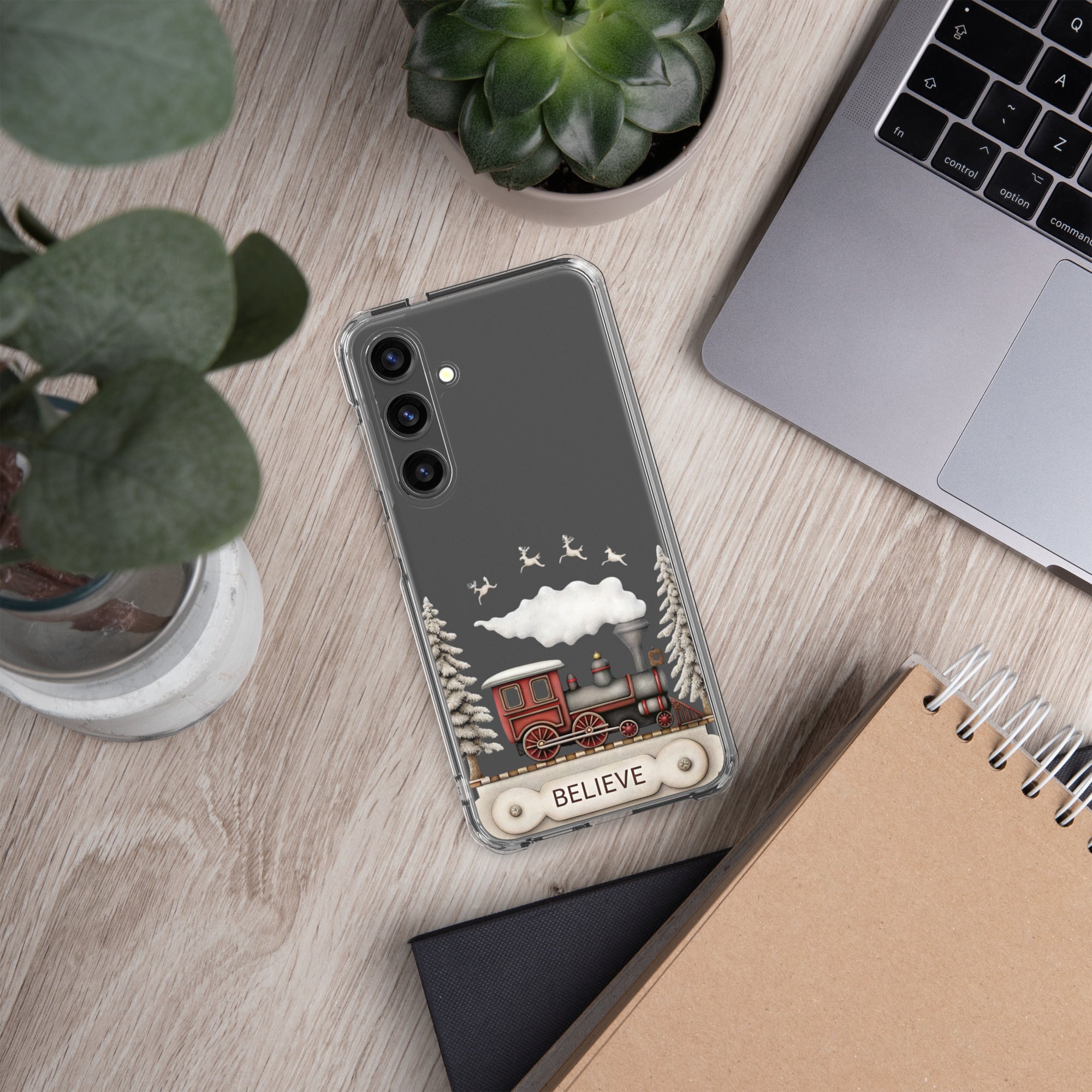 Believe Winter Train Clear Case for Samsung Galaxy S24 Plus – Minimal Christmas Protective Cover