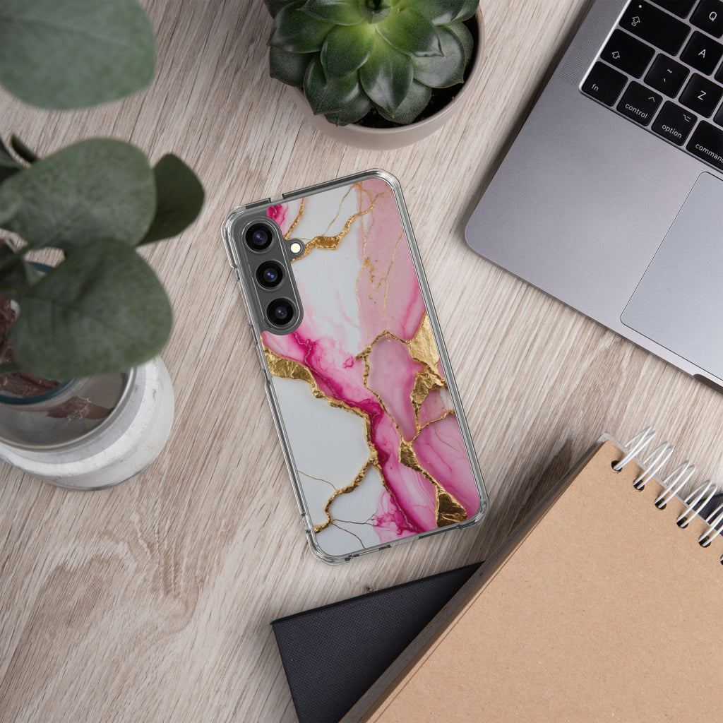 Pink Marble Gold Veins Clear Case for Samsung Galaxy S24 Plus – Elegant Stone Protective Cover