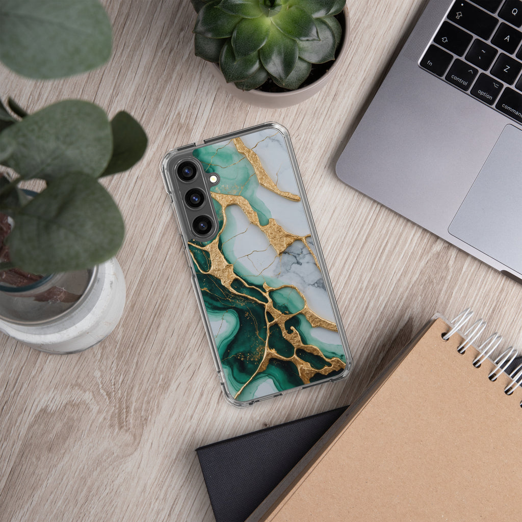 Emerald Green Marble Gold Veins Clear Case for Samsung Galaxy S24 Plus – Luxury Stone Protective Cover