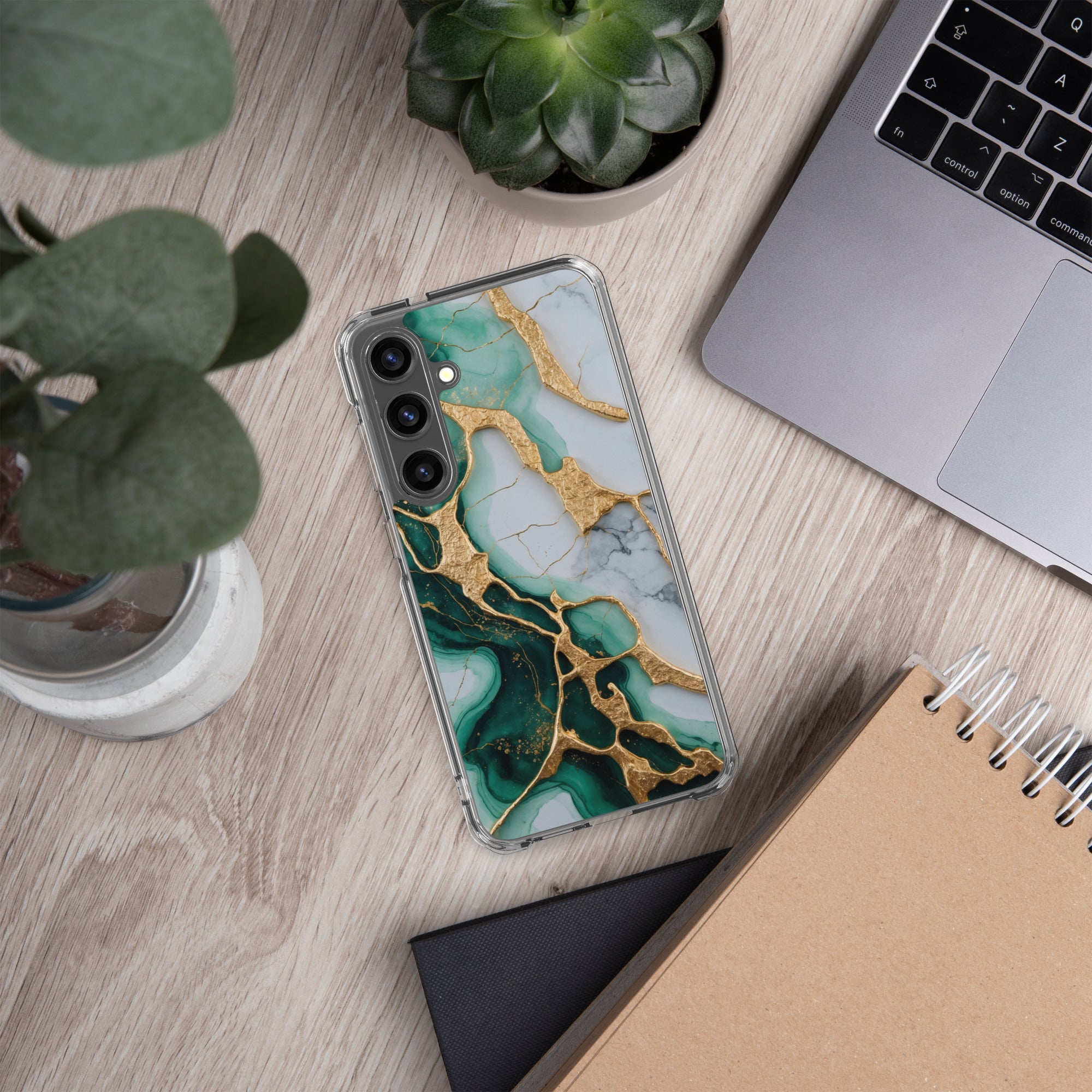 Emerald Green Marble Gold Veins Clear Case for Samsung Galaxy S24 Plus – Luxury Stone Protective Cover