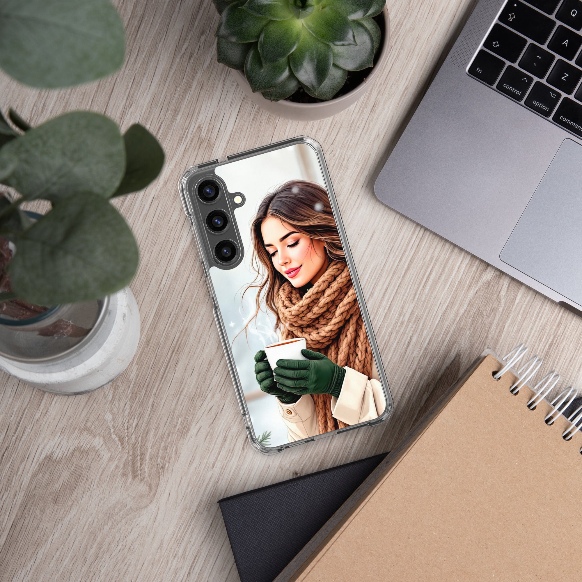 Winter Coffee Moment Clear Case for Samsung Galaxy S24 Plus – Cozy Portrait Protective Cover