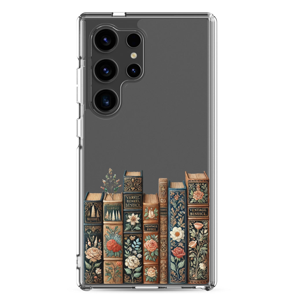 Vintage Floral Books Clear Case for Samsung Galaxy S24 Ultra – Elegant Library-Inspired Protective Cover