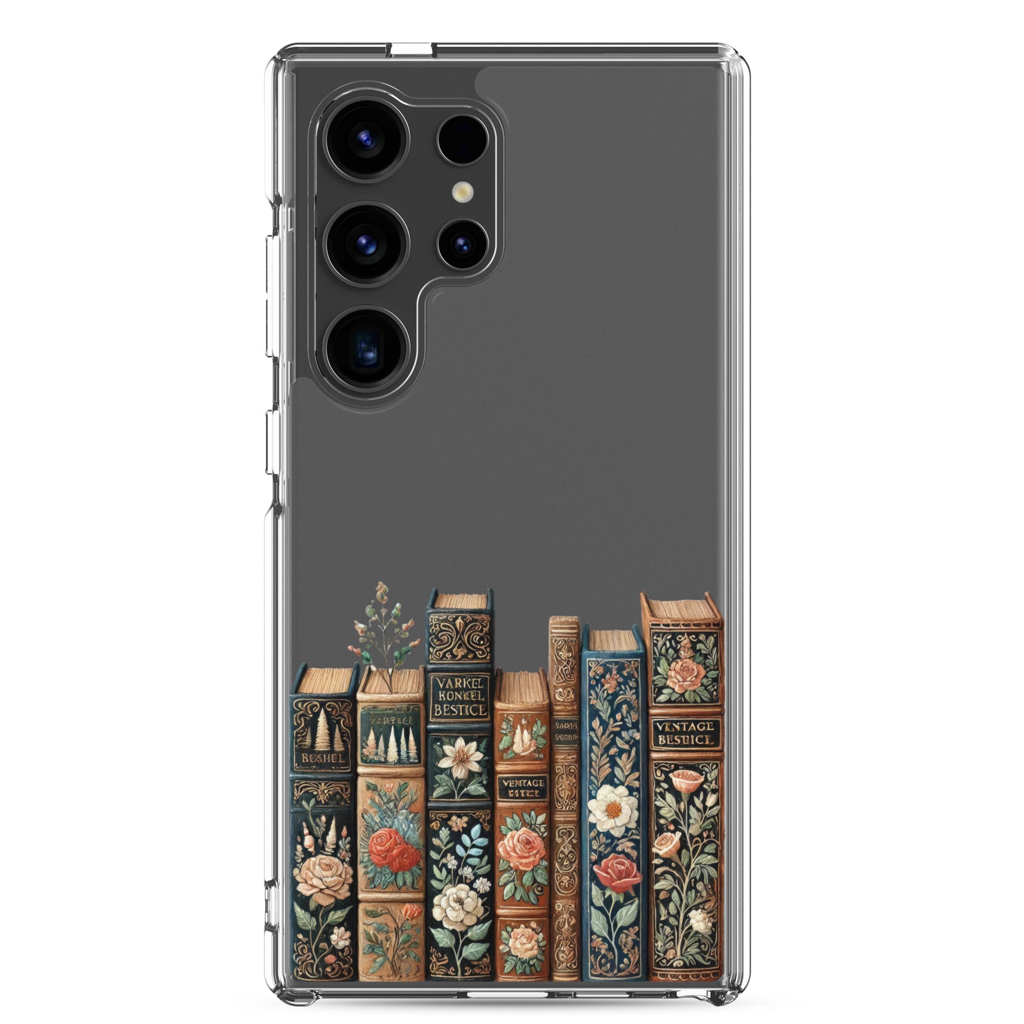 Vintage Floral Books Clear Case for Samsung Galaxy S24 Ultra – Elegant Library-Inspired Protective Cover