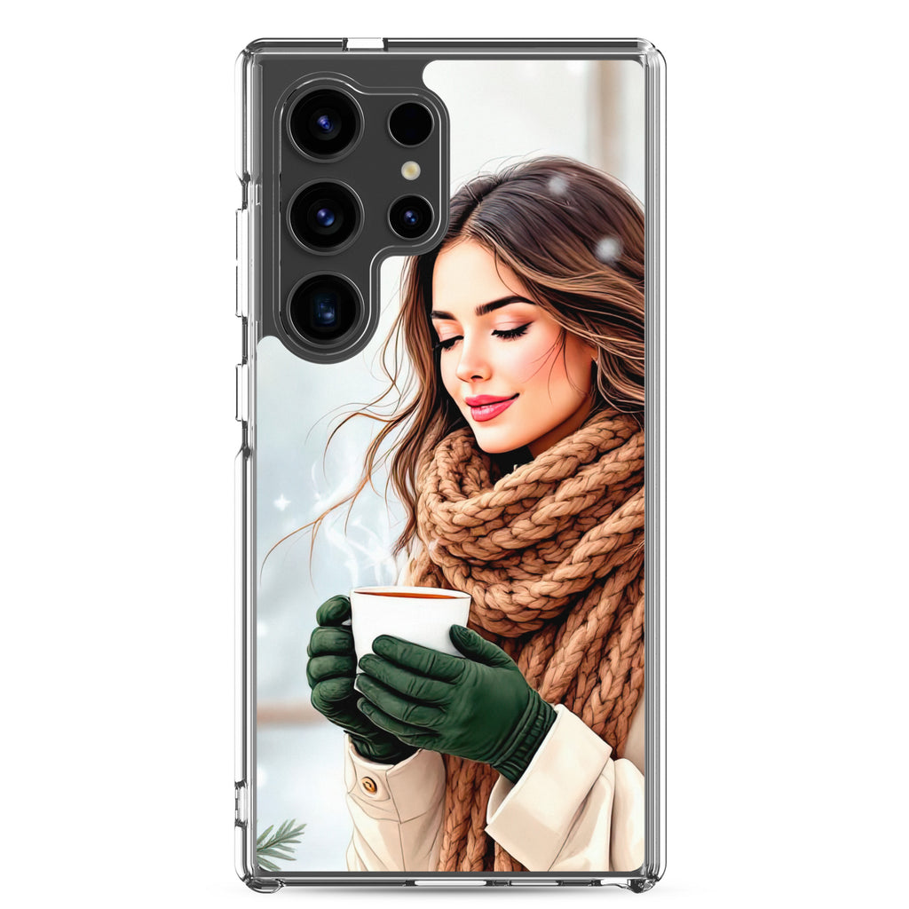 Winter Coffee Moment Clear Case for Samsung Galaxy S24 Ultra – Cozy Portrait Protective Cover