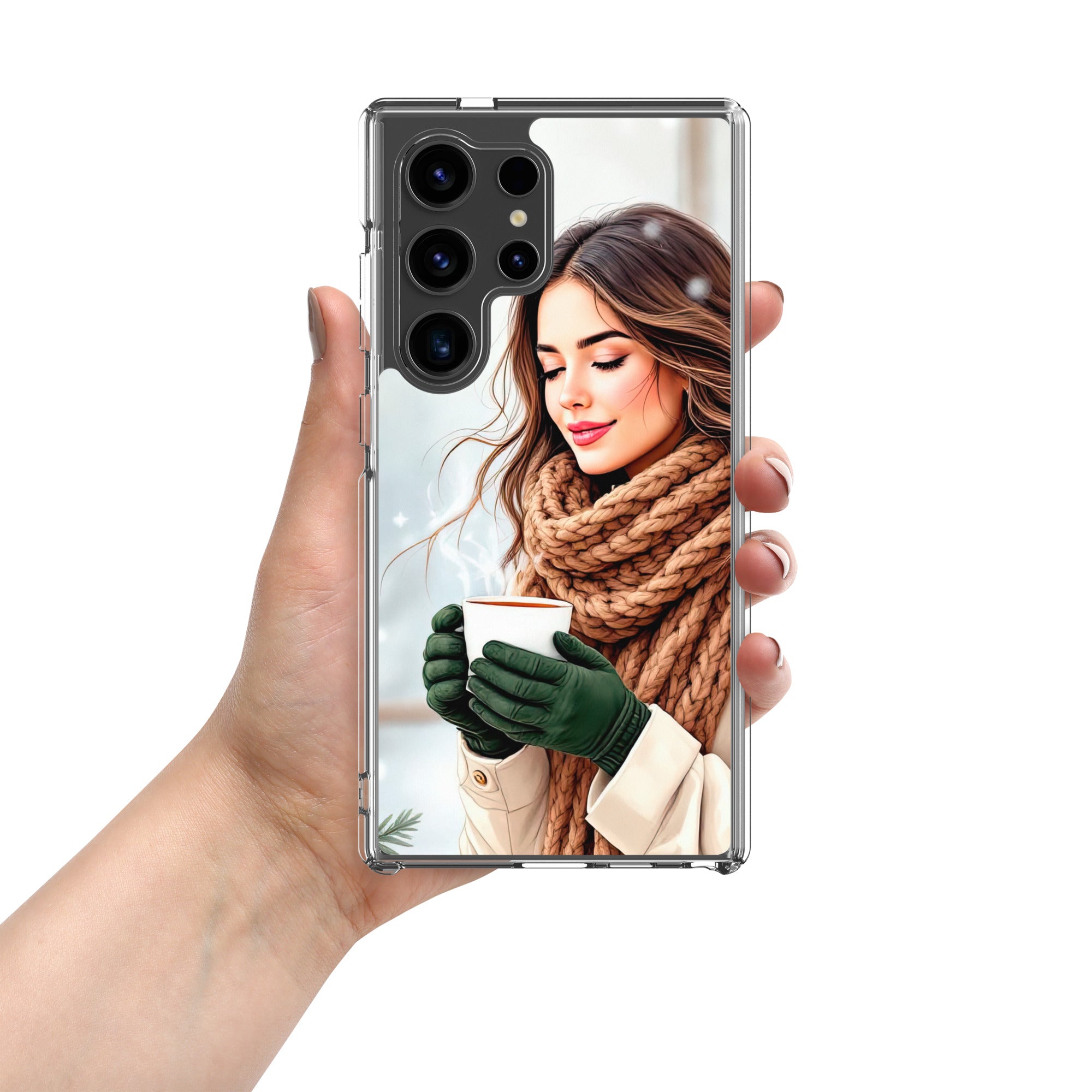 Winter Coffee Moment Clear Case for Samsung Galaxy S24 Ultra – Cozy Portrait Protective Cover