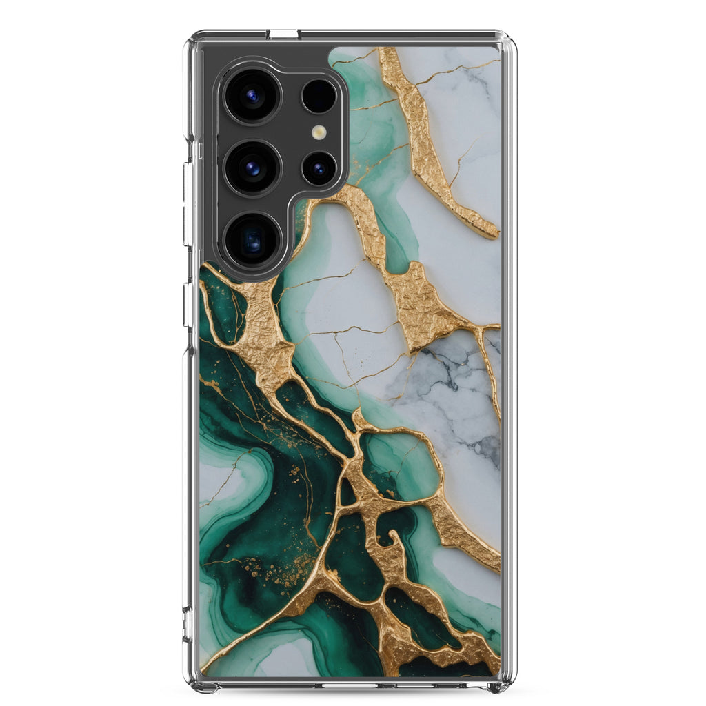 Emerald Green Marble Gold Veins Clear Case for Samsung Galaxy S24 Ultra – Luxury Stone Protective Cover
