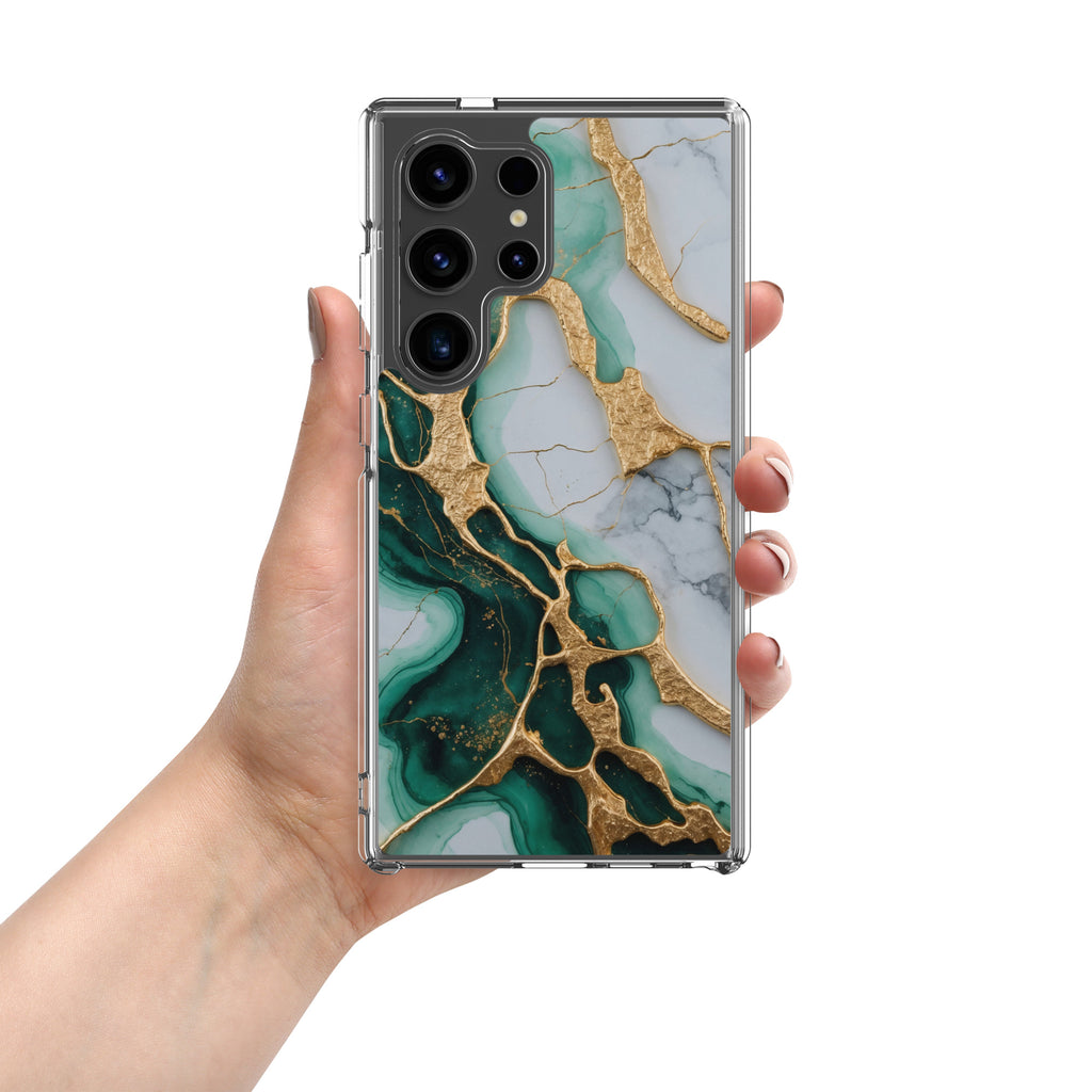 Emerald Green Marble Gold Veins Clear Case for Samsung Galaxy S24 Ultra – Luxury Stone Protective Cover