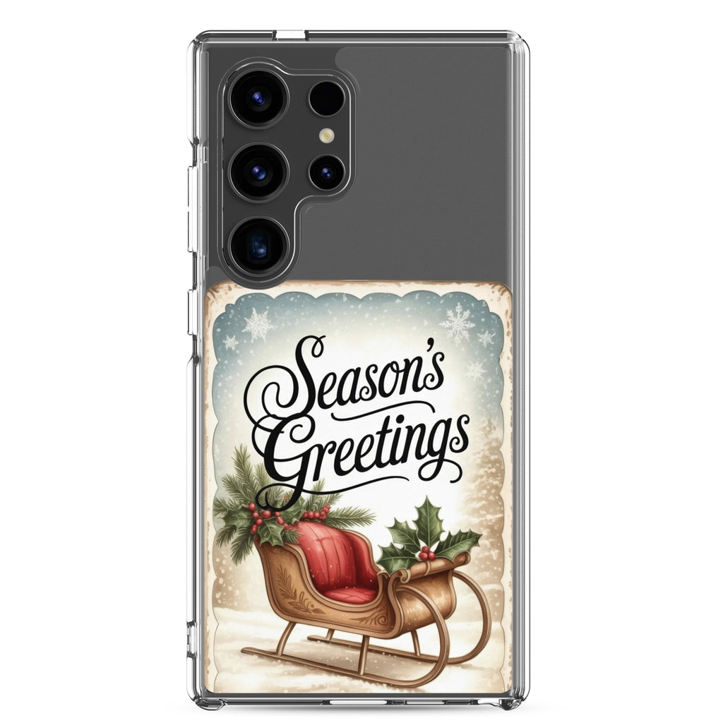 Season’s Greetings Sleigh Clear Case for Samsung Galaxy S24 Ultra – Vintage Christmas Protective Cover