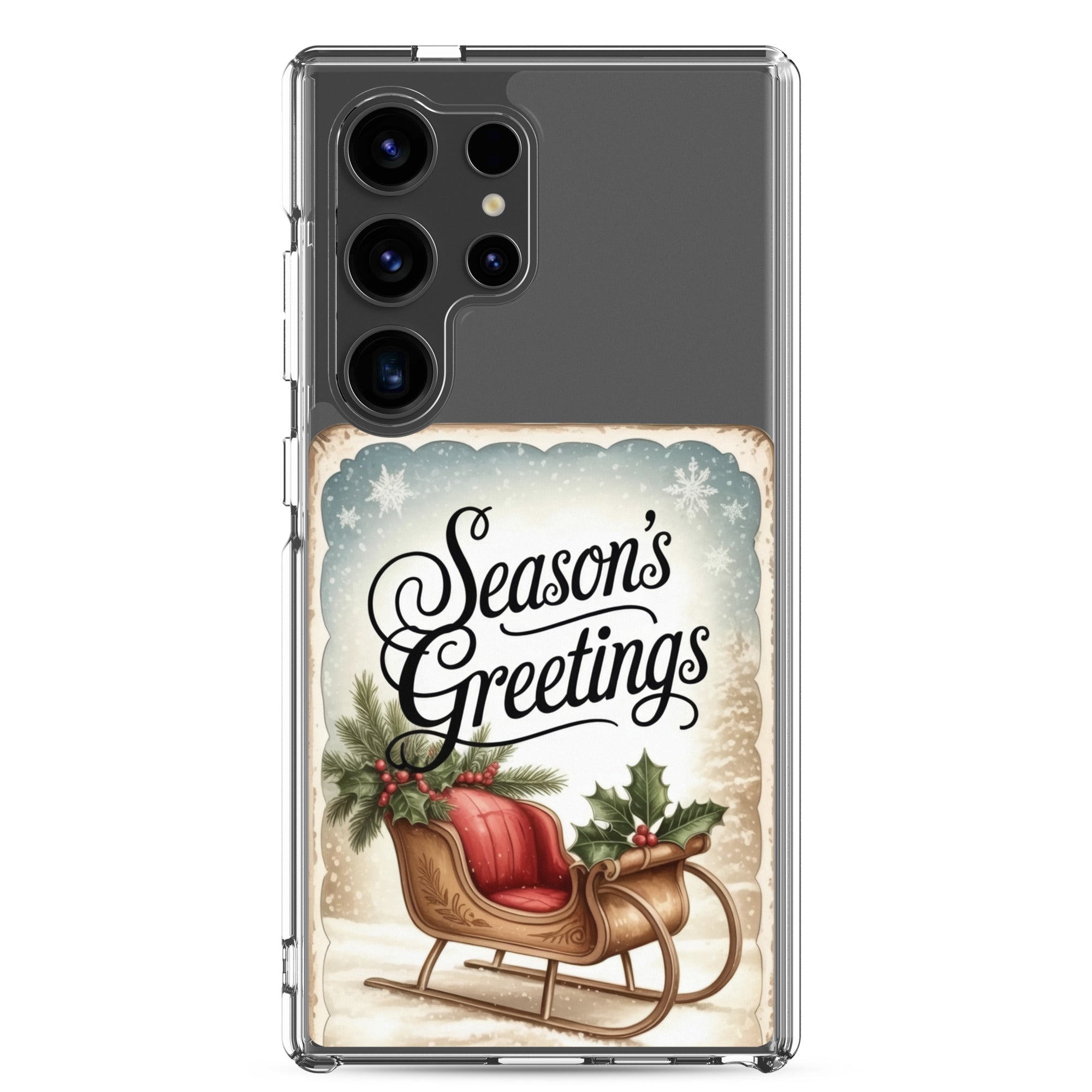 Season’s Greetings Sleigh Clear Case for Samsung Galaxy S24 Ultra – Vintage Christmas Protective Cover