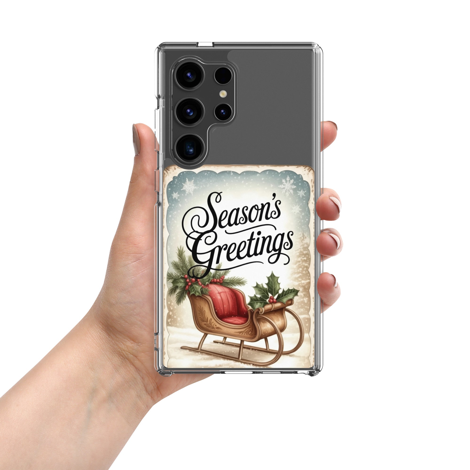 Season’s Greetings Sleigh Clear Case for Samsung Galaxy S24 Ultra – Vintage Christmas Protective Cover