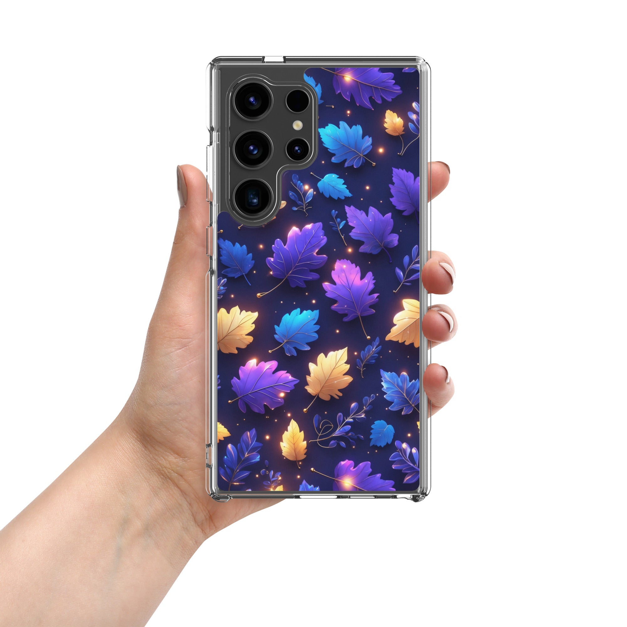 Glowing Autumn Leaves Clear Case for Samsung Galaxy S24 Ultra – Colorful Night Nature Protective Cover