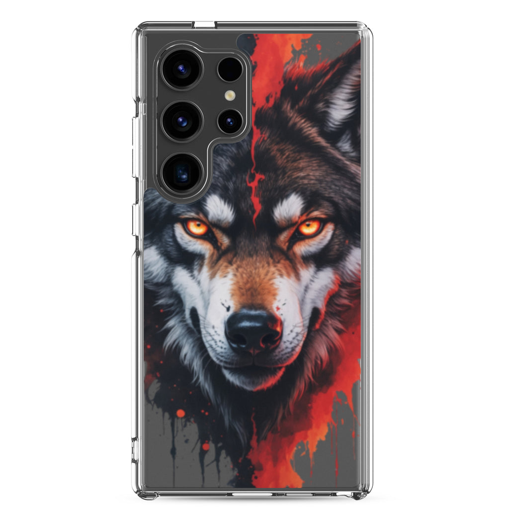 Fierce Wolf Portrait Clear Case for Samsung Galaxy S24 Ultra – Dark Animal Art Protective Cover