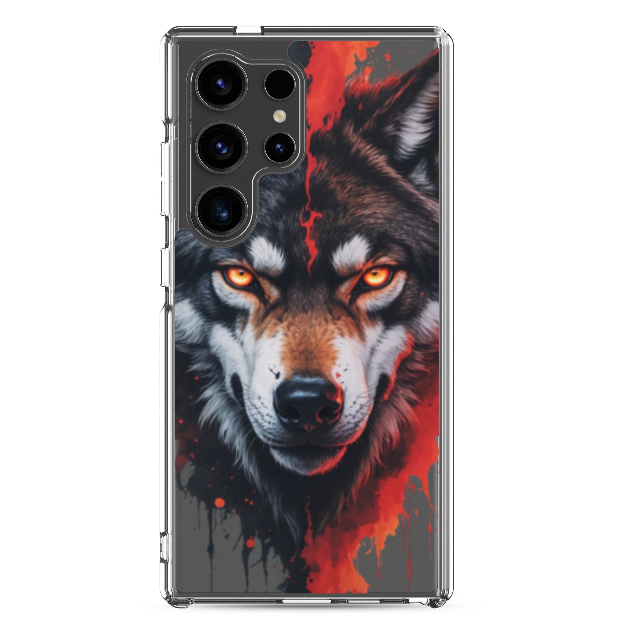 Fierce Wolf Portrait Clear Case for Samsung Galaxy S24 Ultra – Dark Animal Art Protective Cover