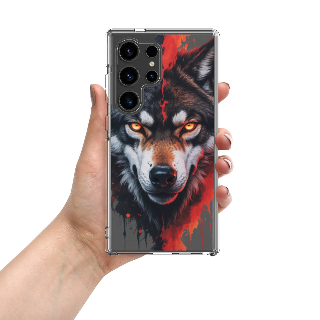 Fierce Wolf Portrait Clear Case for Samsung Galaxy S24 Ultra – Dark Animal Art Protective Cover