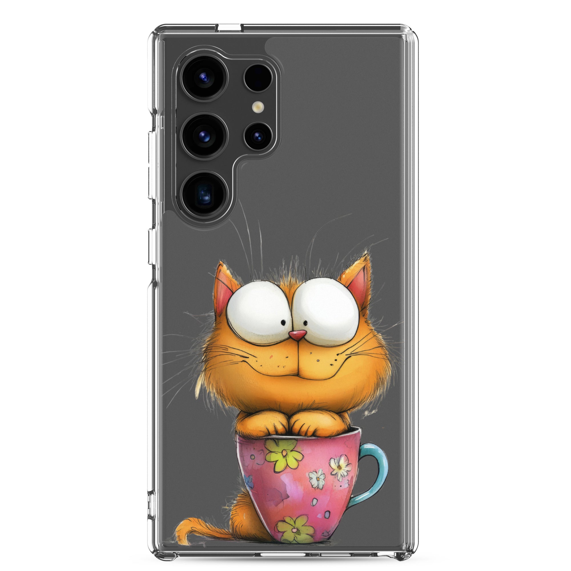 Cute Cat in a Cup Clear Case for Samsung Galaxy S24 Ultra – Playful Illustrated Protective Cover