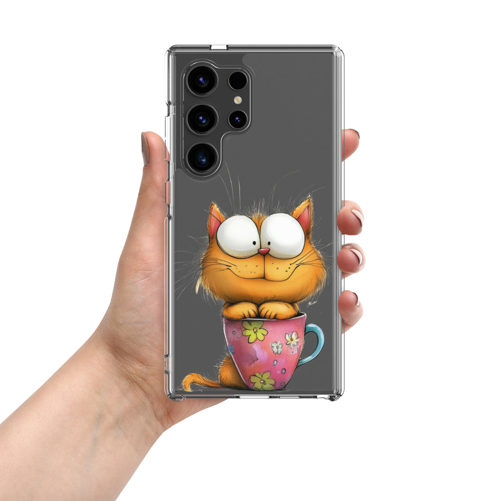 Cute Cat in a Cup Clear Case for Samsung Galaxy S24 Ultra – Playful Illustrated Protective Cover