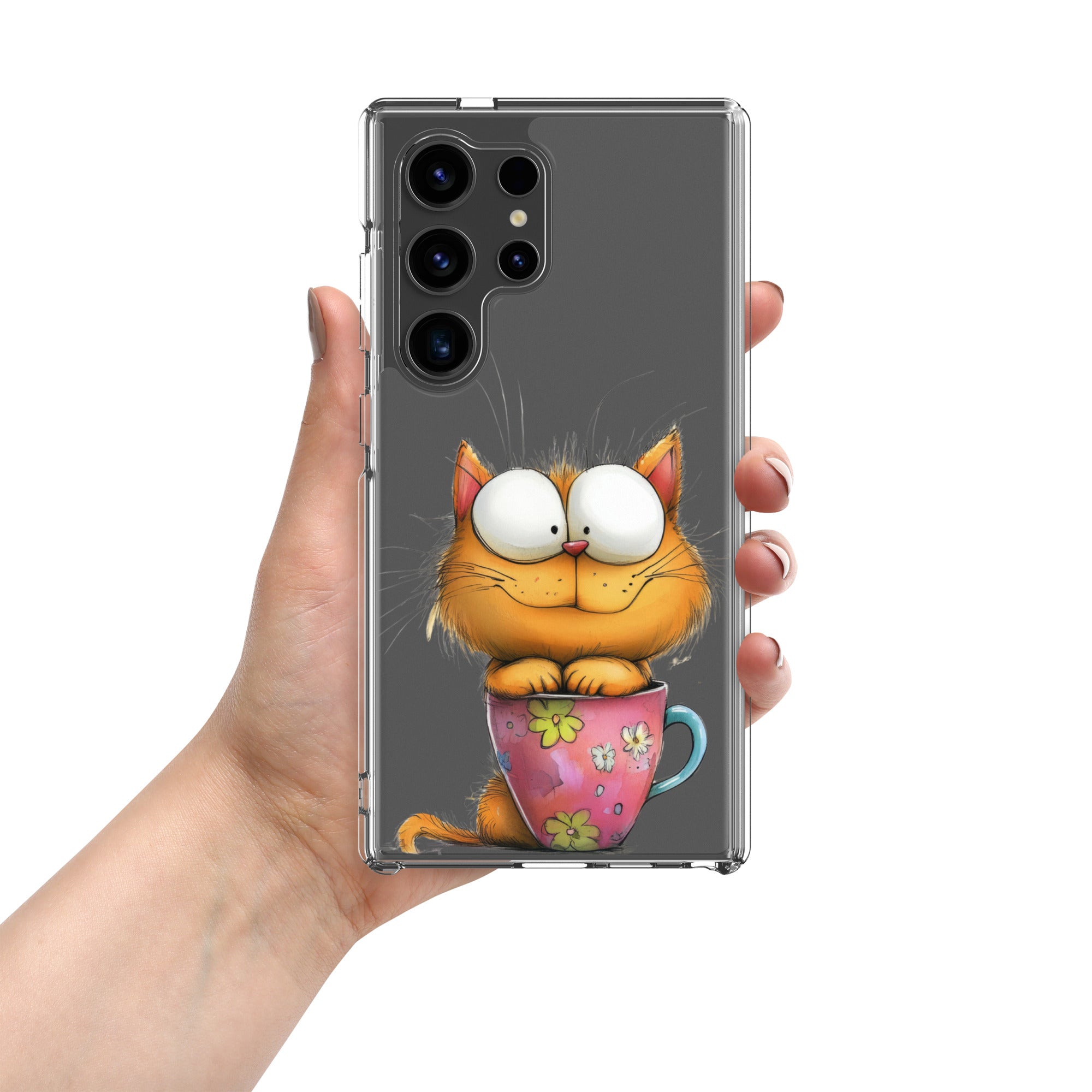 Cute Cat in a Cup Clear Case for Samsung Galaxy S24 Ultra – Playful Illustrated Protective Cover