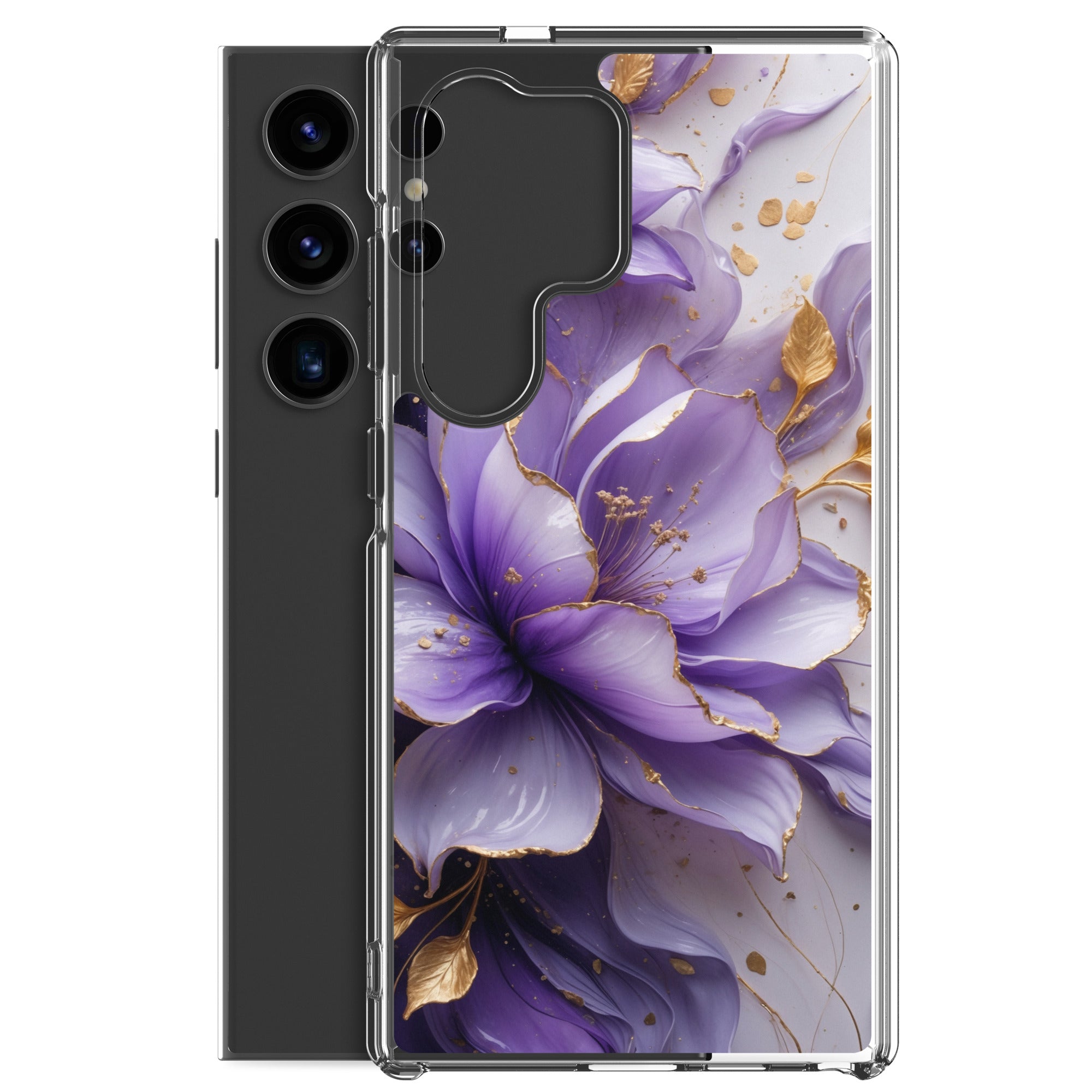 Purple Floral Gold Clear Case for Samsung Galaxy S24 Ultra – Elegant Flower Protective Cover
