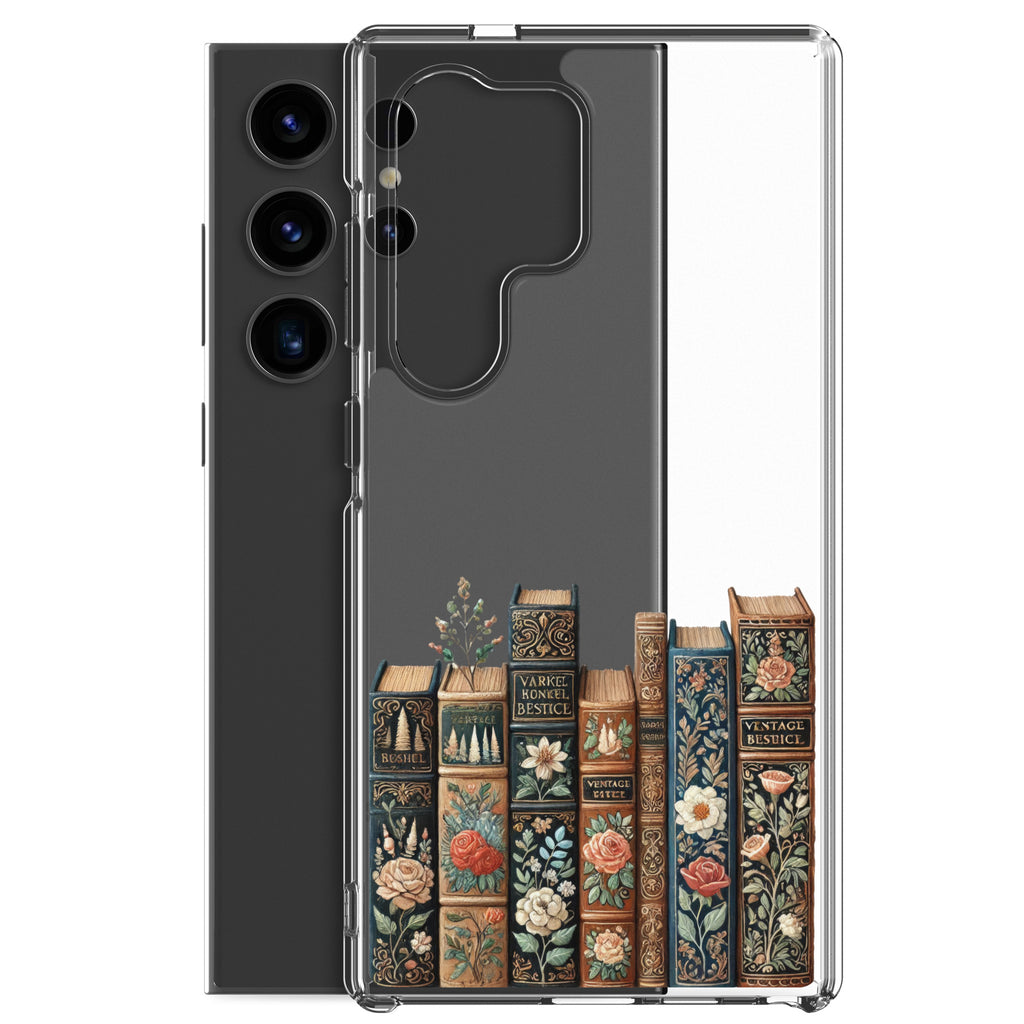 Vintage Floral Books Clear Case for Samsung Galaxy S24 Ultra – Elegant Library-Inspired Protective Cover