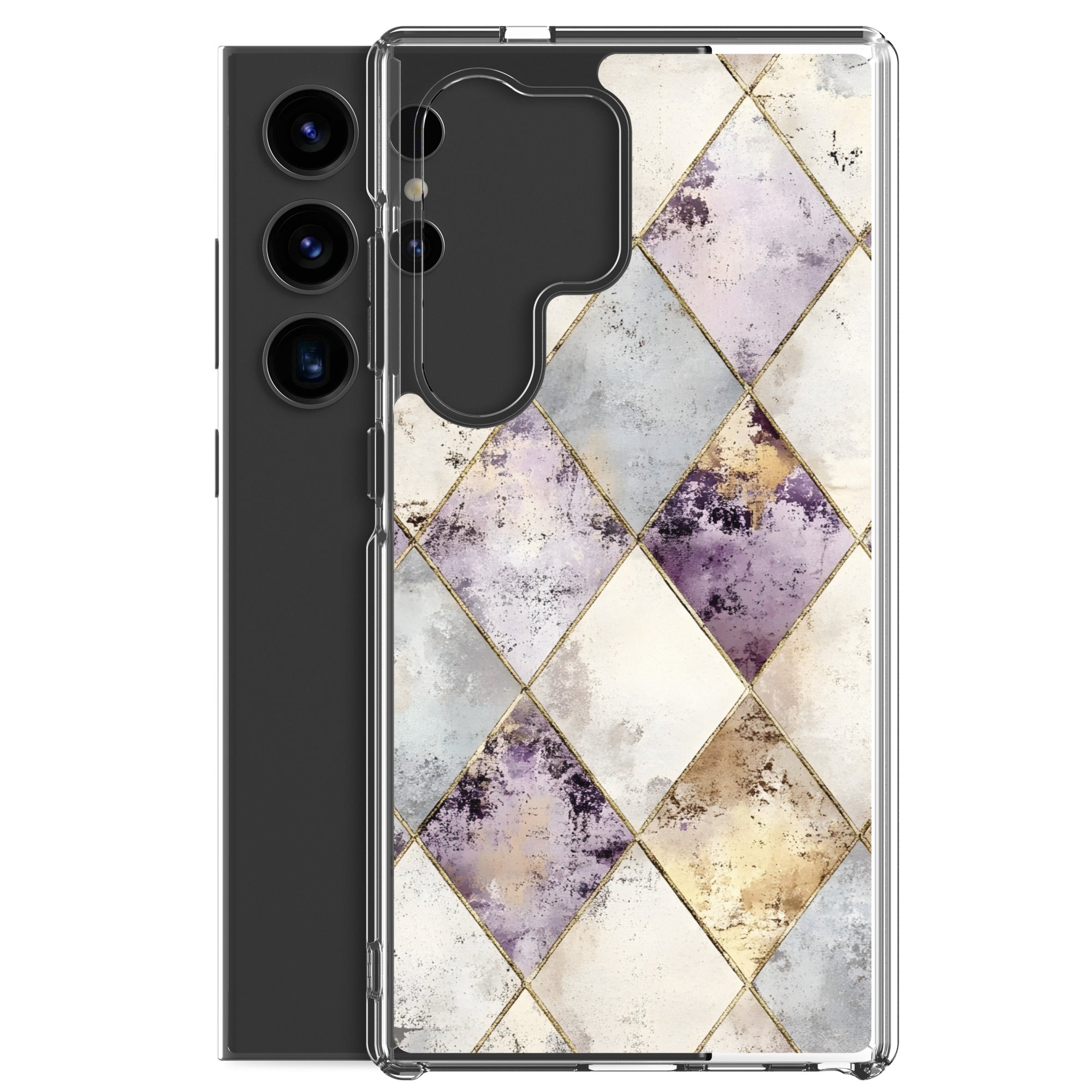 Golden Harlequin Damask Clear Case for Samsung Galaxy S24 Ultra – Elegant Geometric Gold Pattern Protective Cover