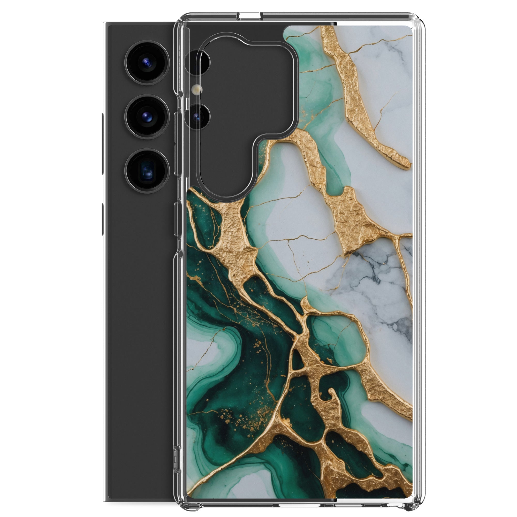 Emerald Green Marble Gold Veins Clear Case for Samsung Galaxy S24 Ultra – Luxury Stone Protective Cover